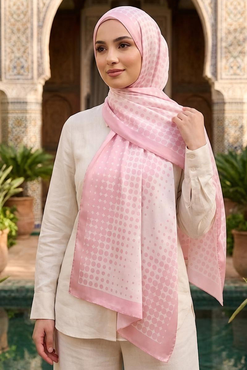 Puantiye Desen İtalyan İpek Şal Pembe - 28758-PEMBE - 1