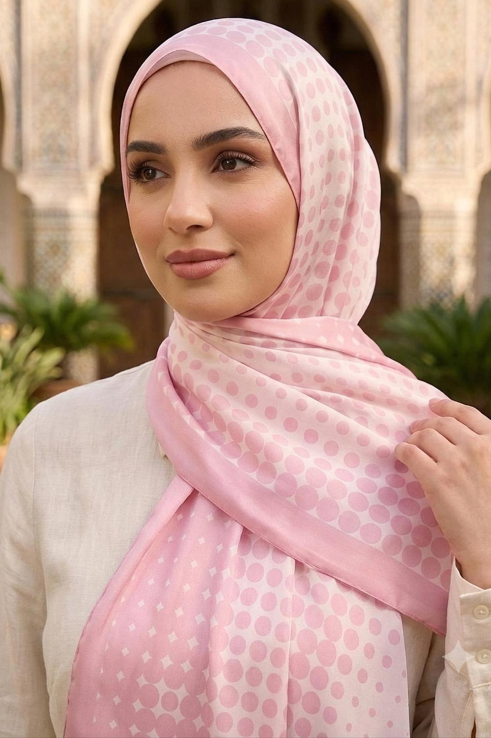 Puantiye Desen İtalyan İpek Şal Pembe - 28758-PEMBE - 2