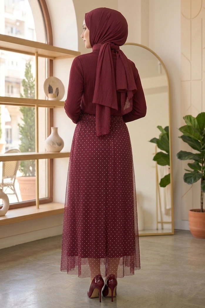 Puantiye Desenli Etek - 28402-BORDO - 3