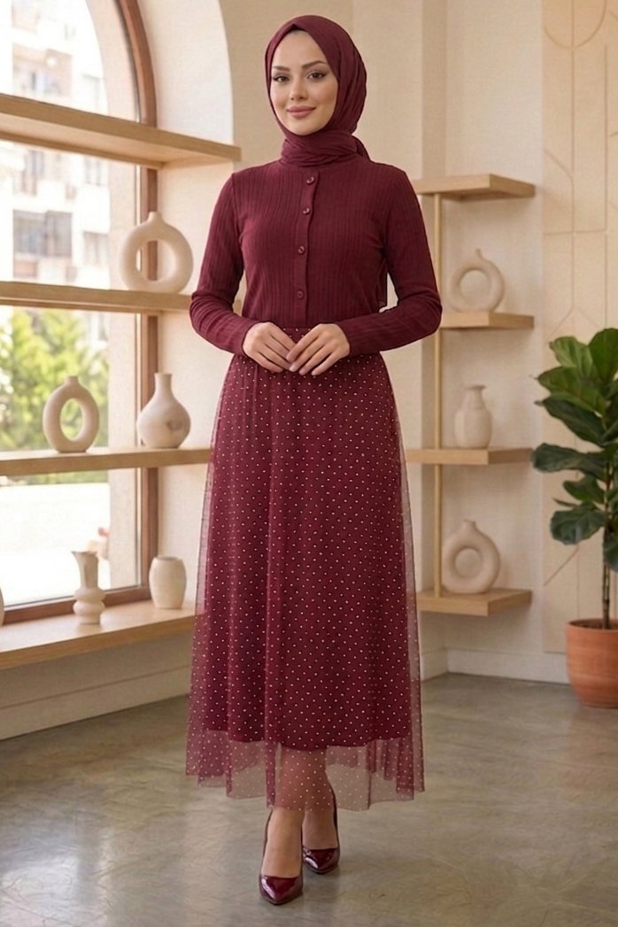 Puantiye Desenli Etek - 28402-BORDO - 1