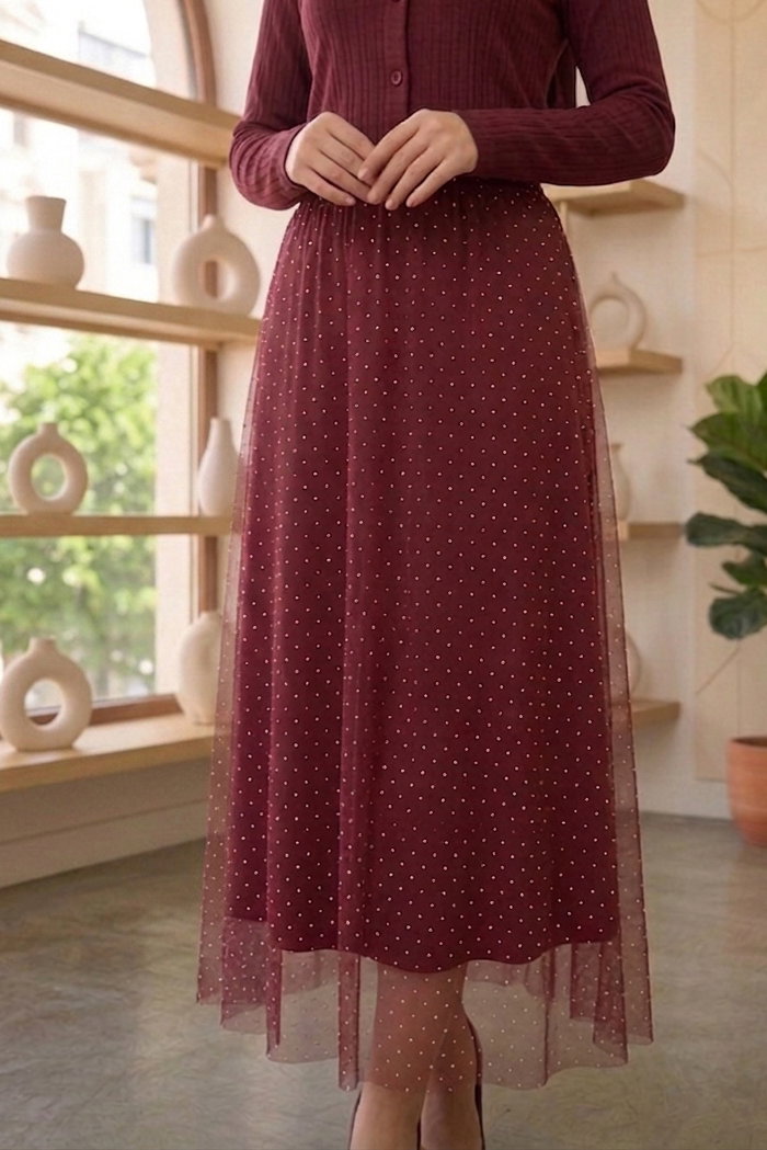 Puantiye Desenli Etek - 28402-BORDO - 2