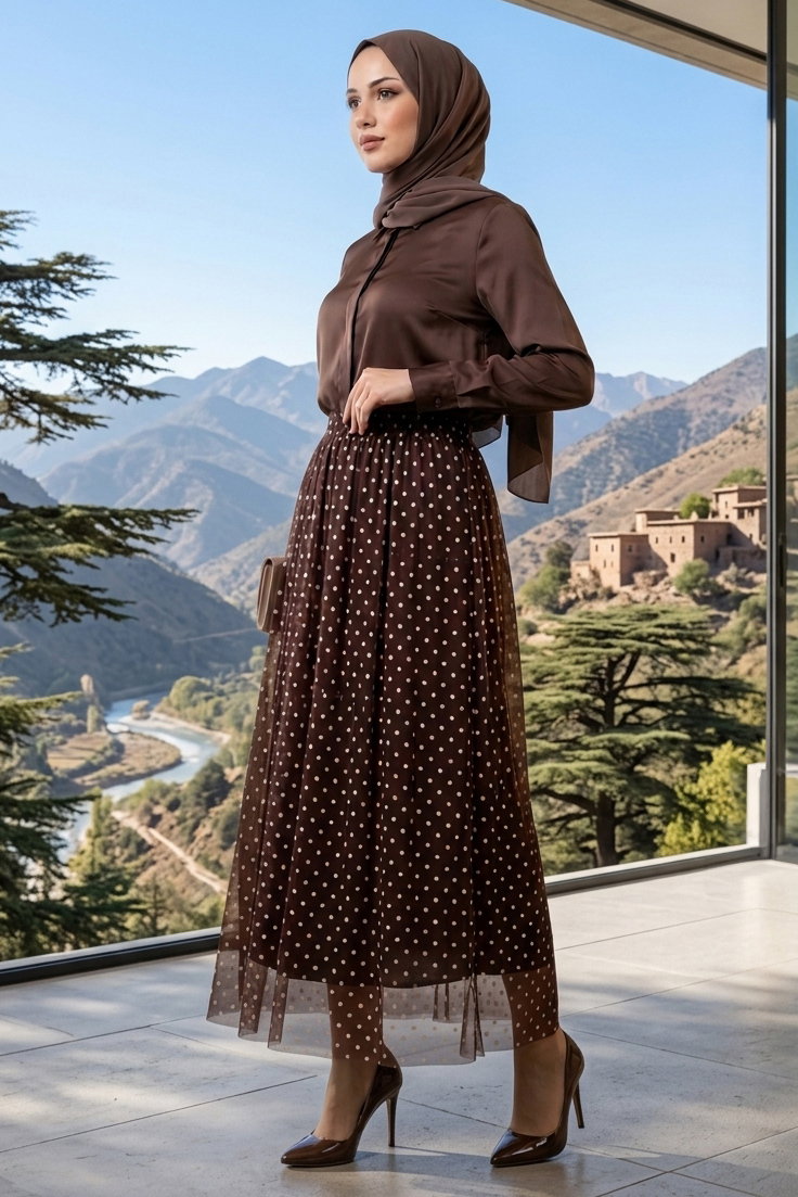 Puantiye Desenli Etek - 28402-KAHVE - 1