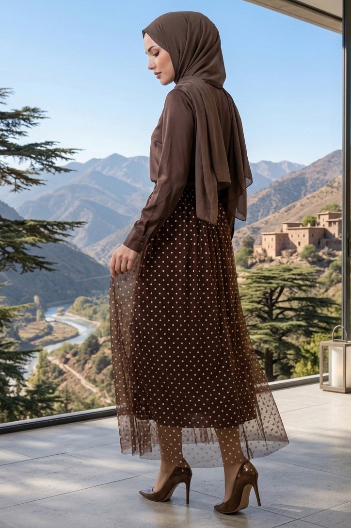 Puantiye Desenli Etek - 28402-KAHVE - 3