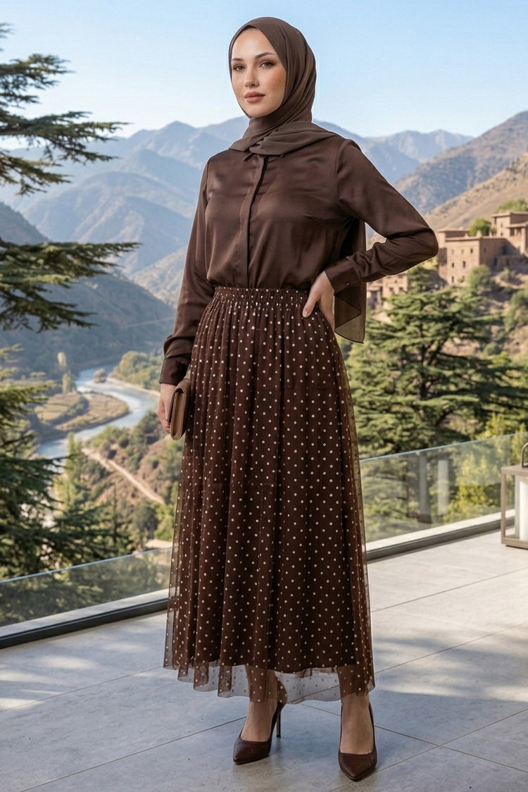 Puantiye Desenli Etek - 28402-KAHVE - 2