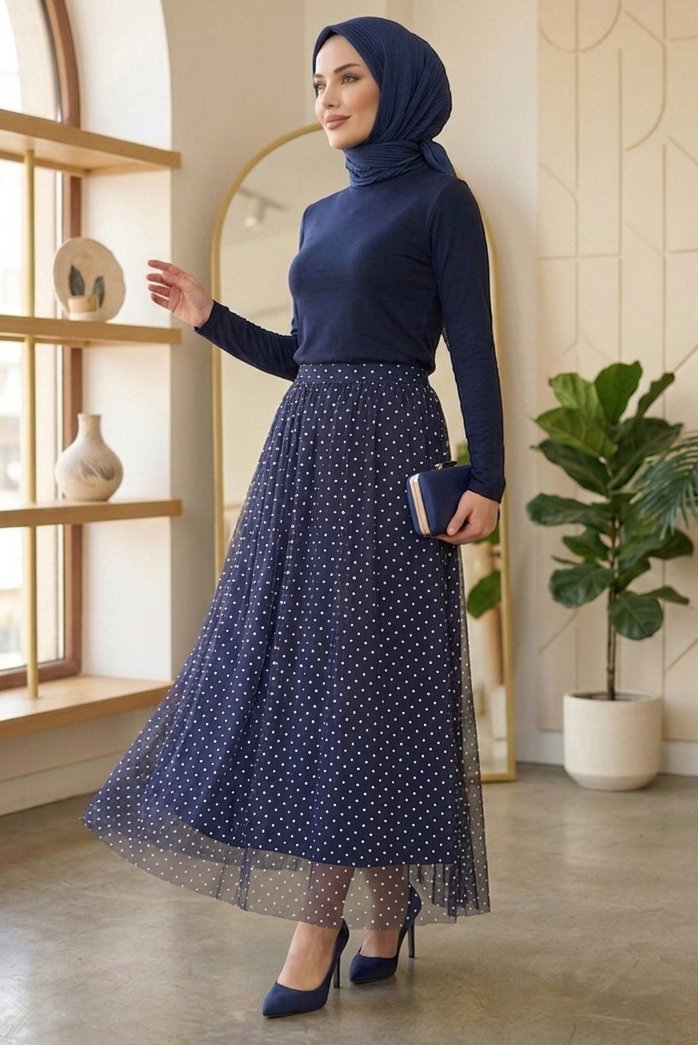 Puantiye Desenli Etek - 28402-LACIVERT - 1