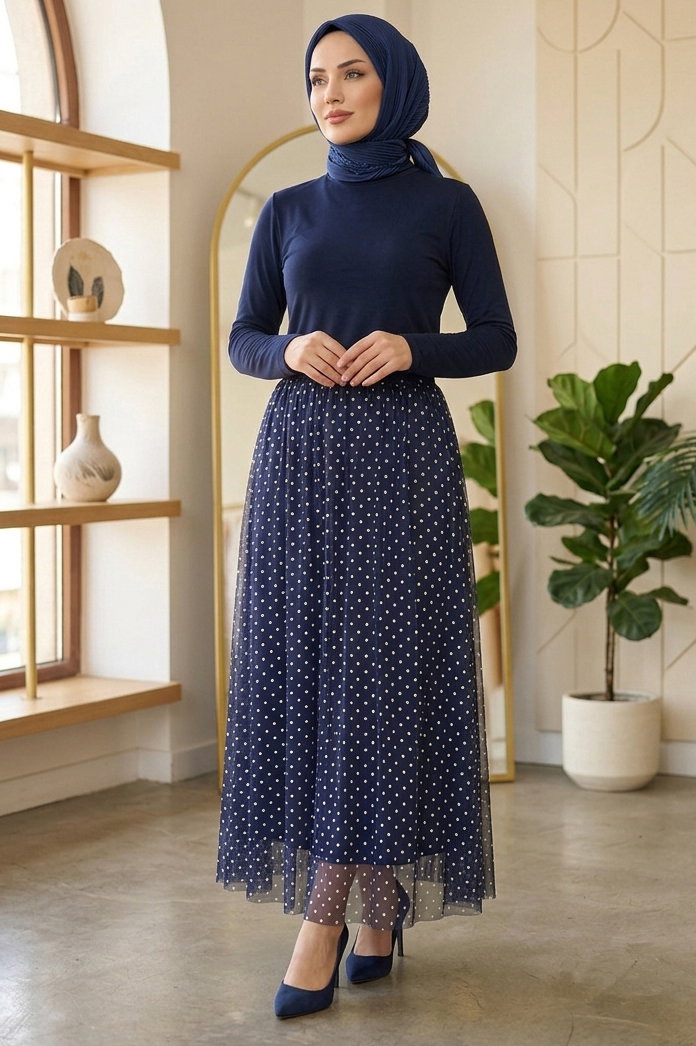 Puantiye Desenli Etek - 28402-LACIVERT - 2