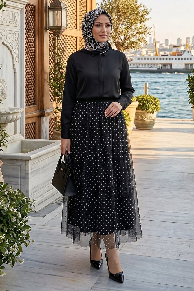 Puantiye Desenli Etek - 28402-SIYAH - 1