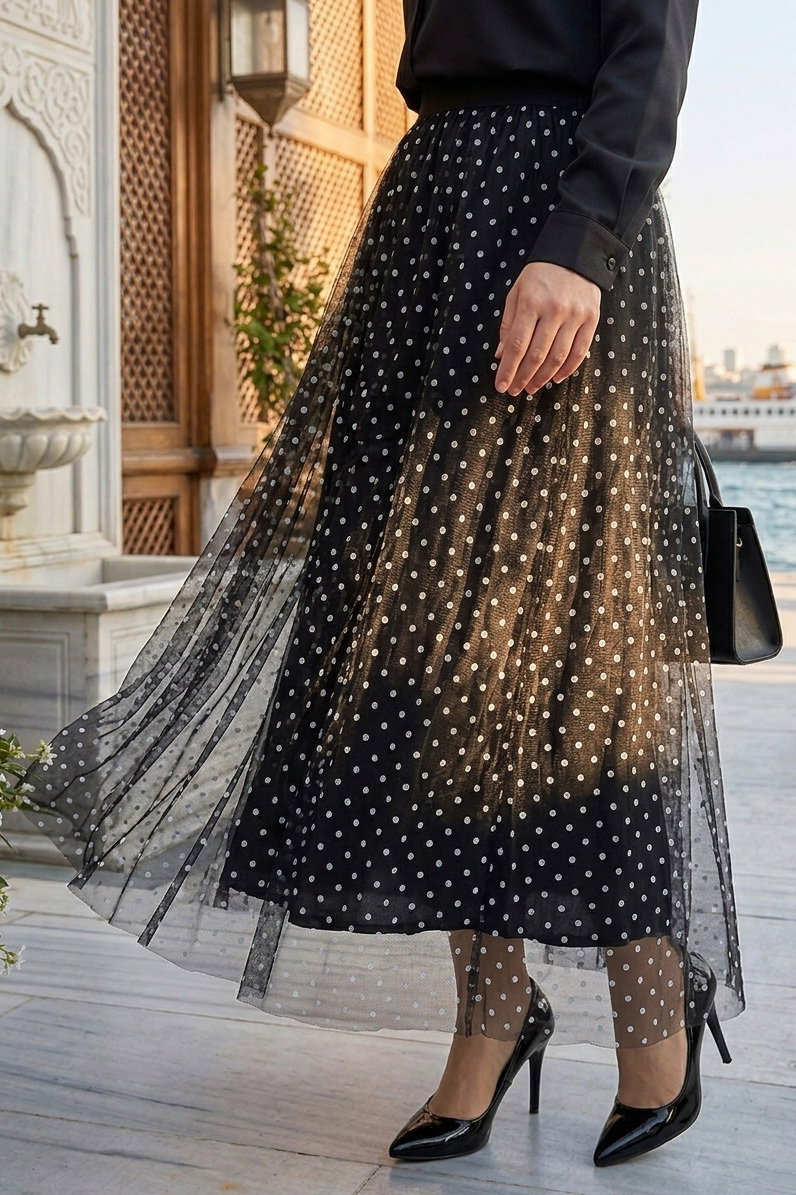 Puantiye Desenli Etek - 28402-SIYAH - 2