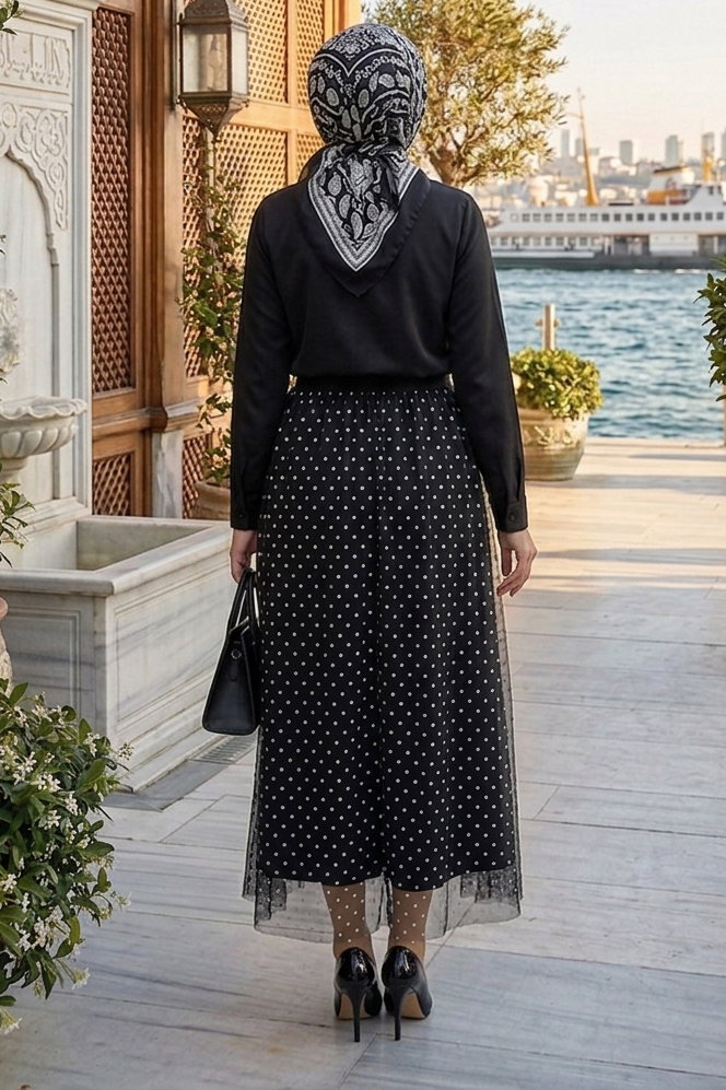 Puantiye Desenli Etek - 28402-SIYAH - 3