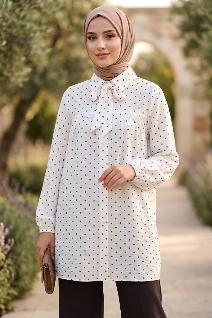 Puantiye Desenli Gömlek Beyaz - 28479-BEYAZ - 1