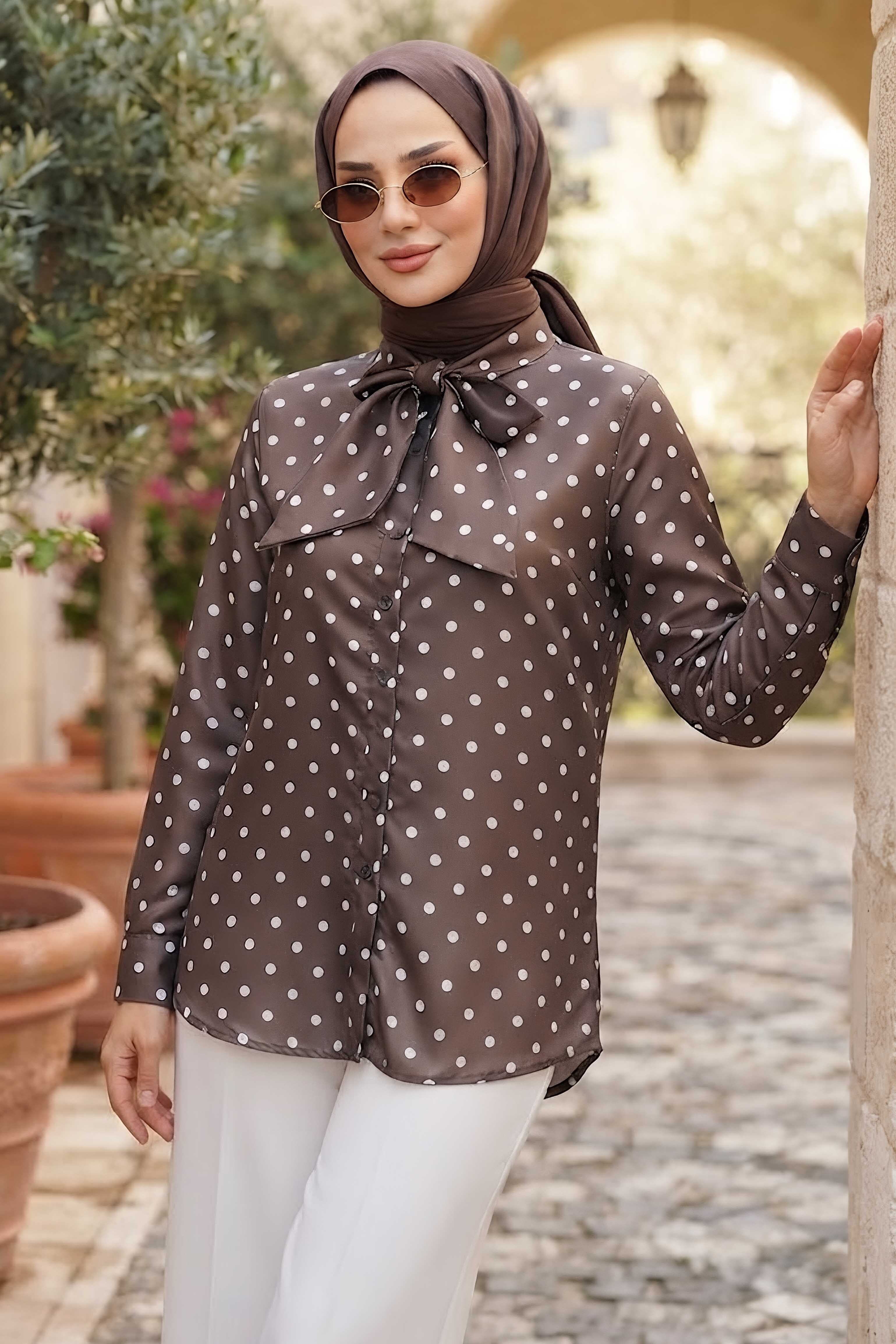Puantiye Saten Desenli Gömlek Kahve - 28872-KAHVE - 1