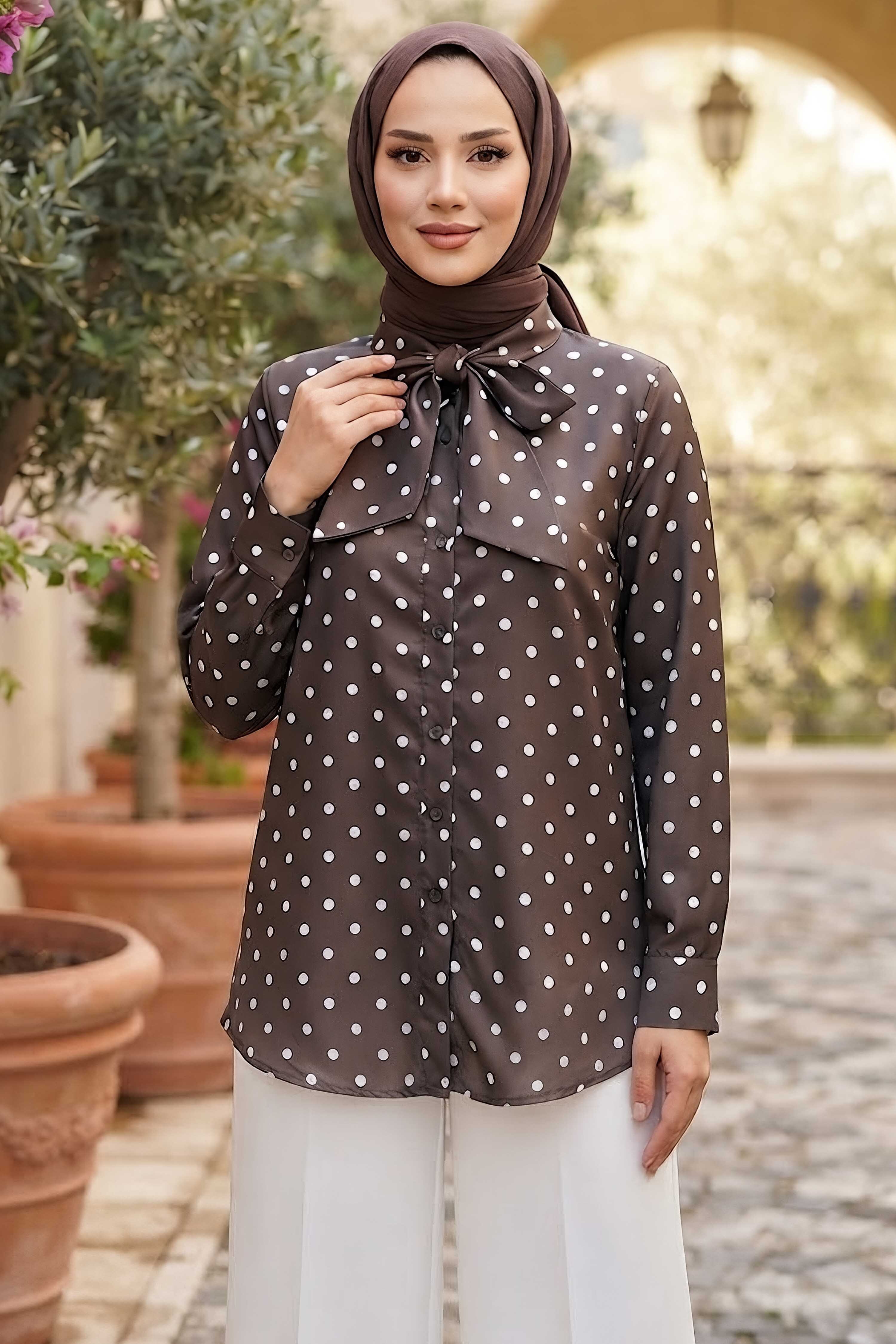 Puantiye Saten Desenli Gömlek Kahve - 28872-KAHVE - 2