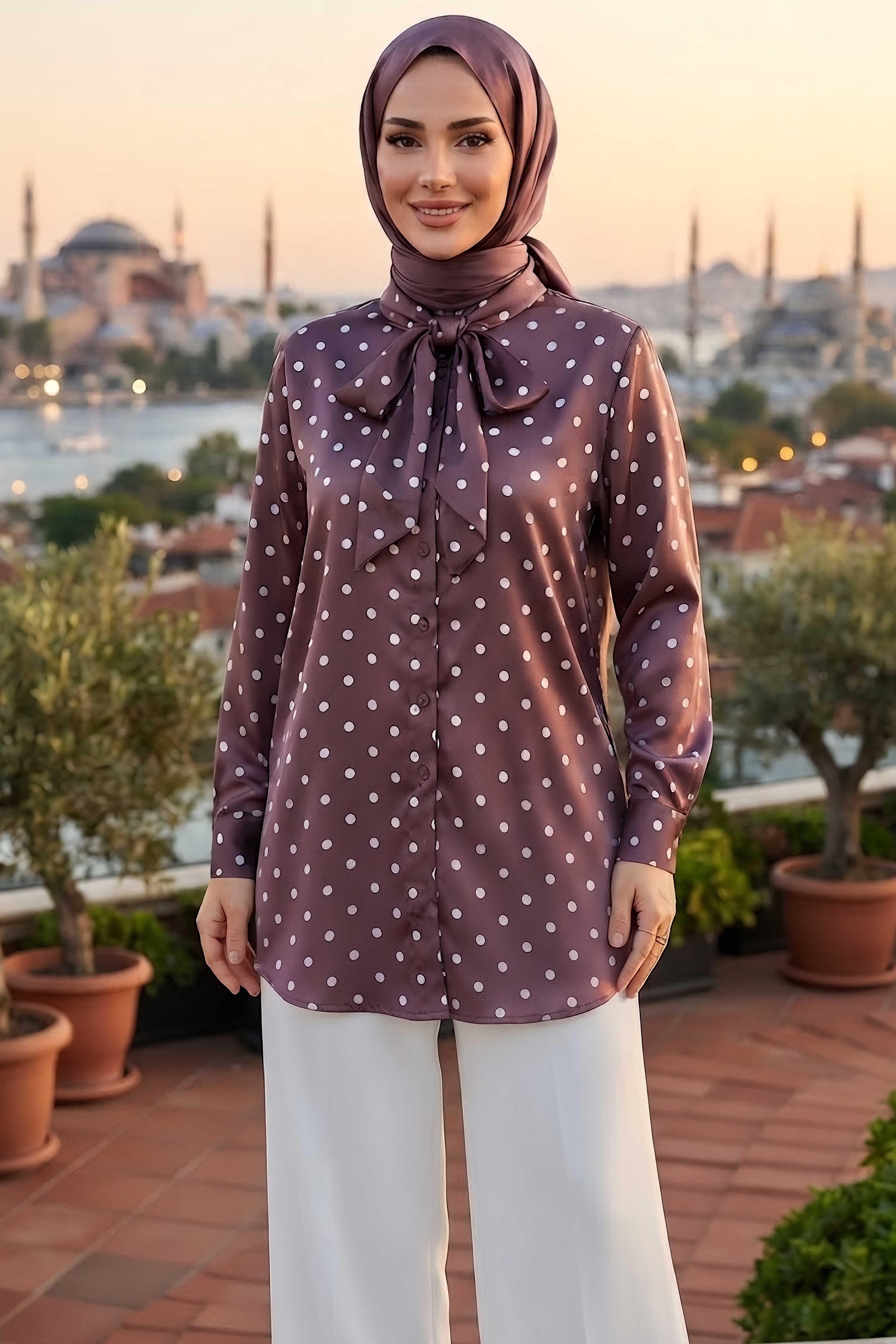 Puantiye Saten Desenli Gömlek Mürdüm - 28872-MURDUM - 1