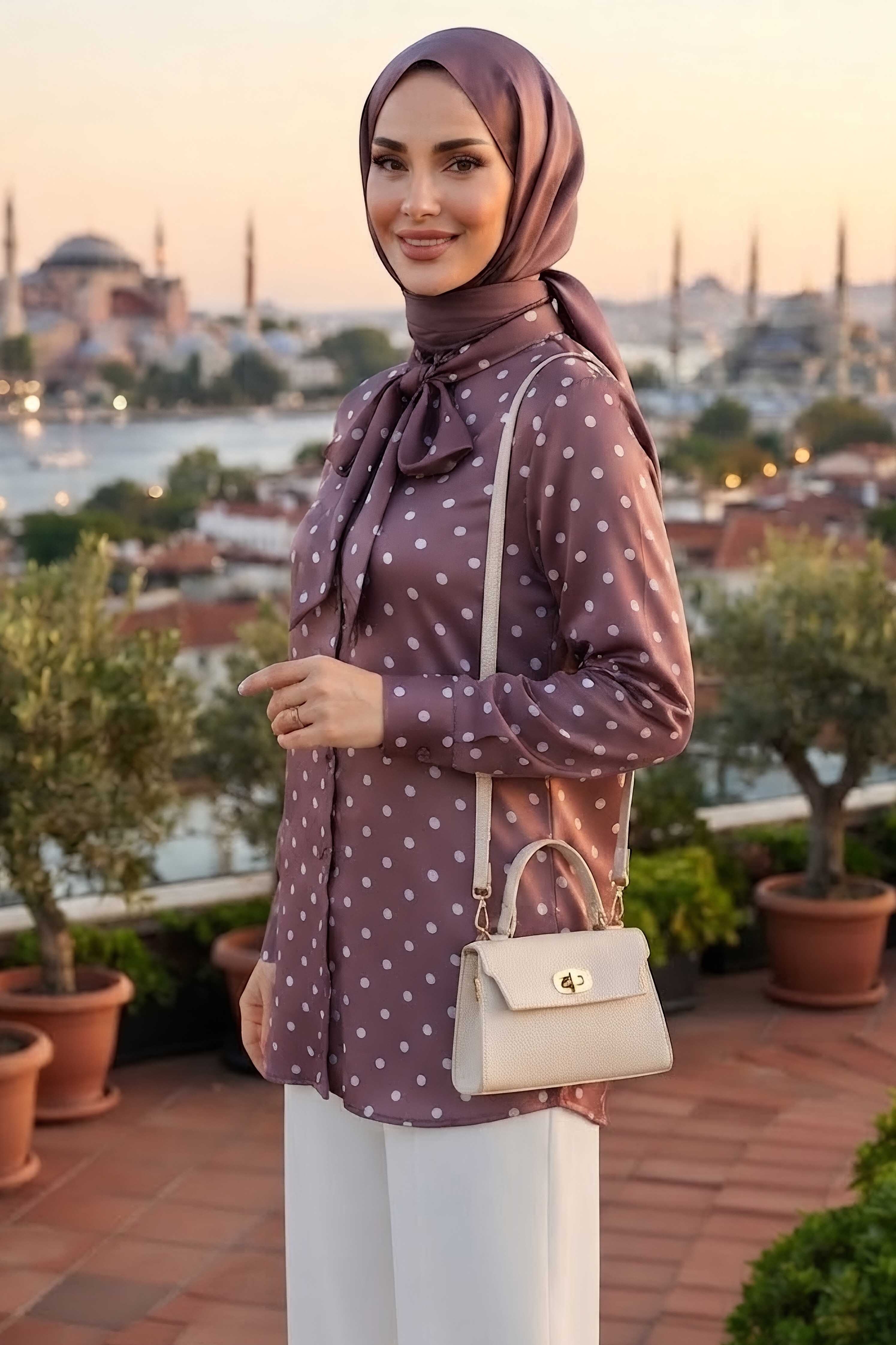 Puantiye Saten Desenli Gömlek Mürdüm - 28872-MURDUM - 2