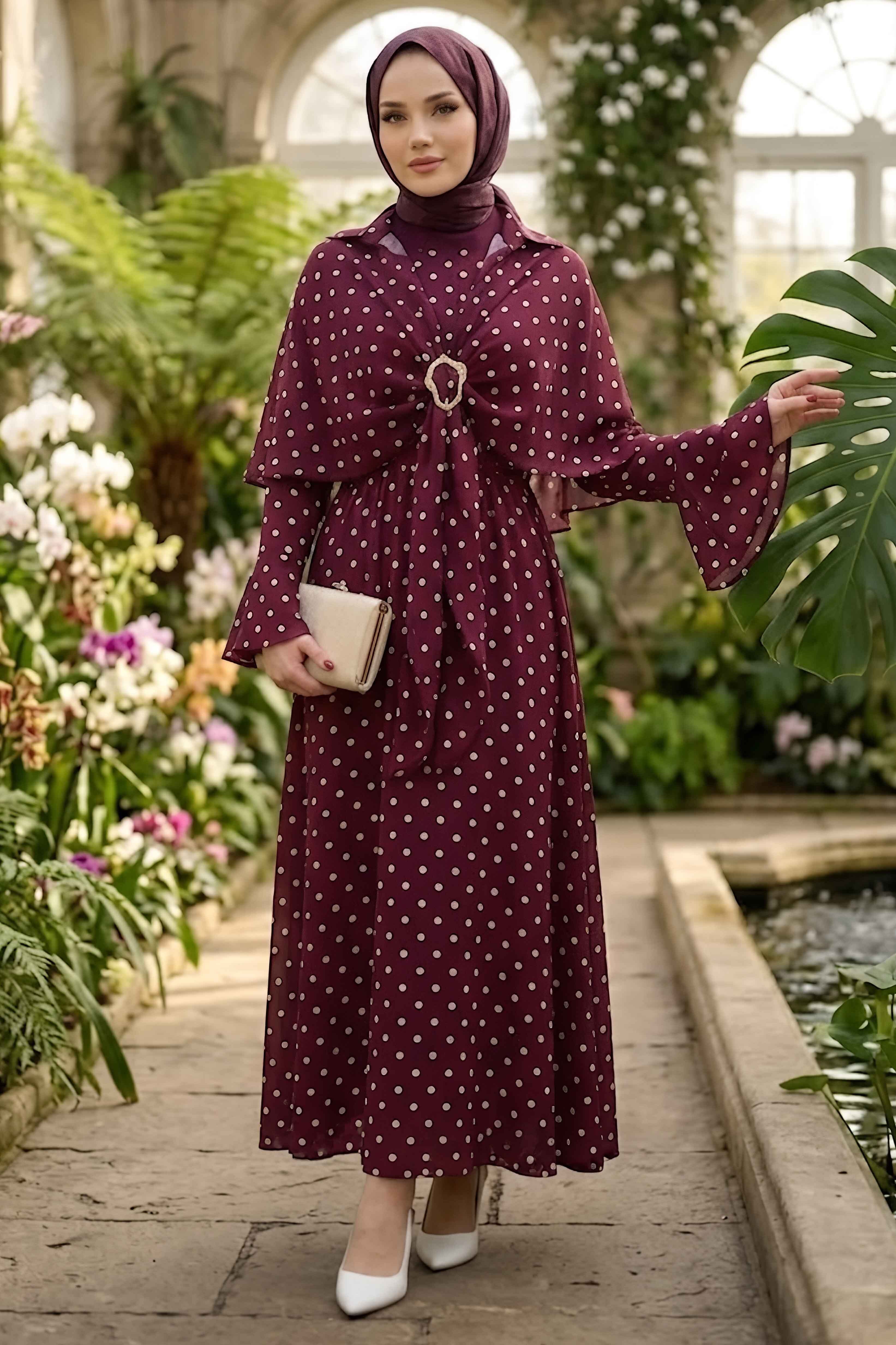 Puantiyeli Desenli Pelerinli Elbise Bordo - 28721-BORDO - 1