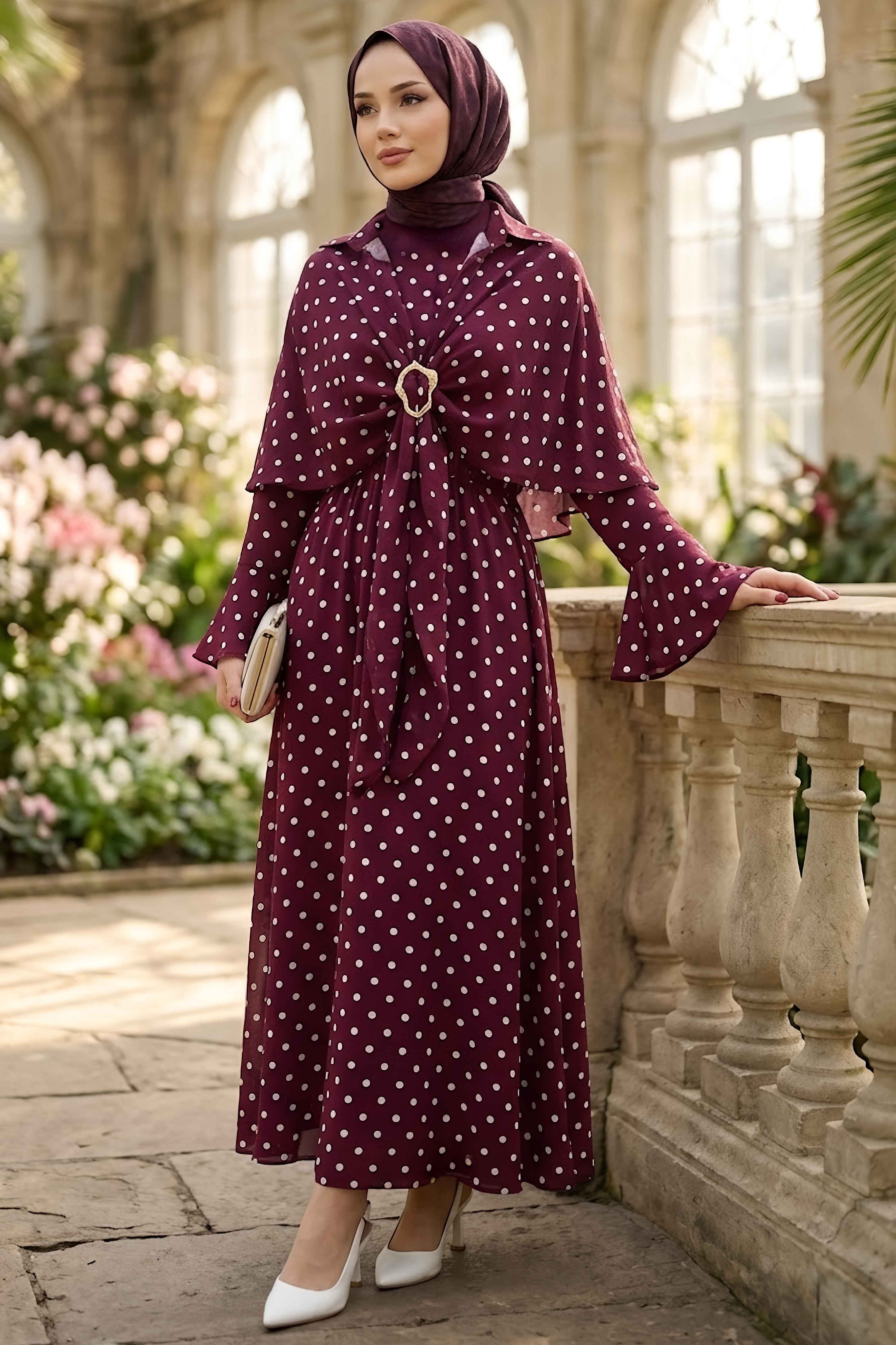 Puantiyeli Desenli Pelerinli Elbise Bordo - 28721-BORDO - 2
