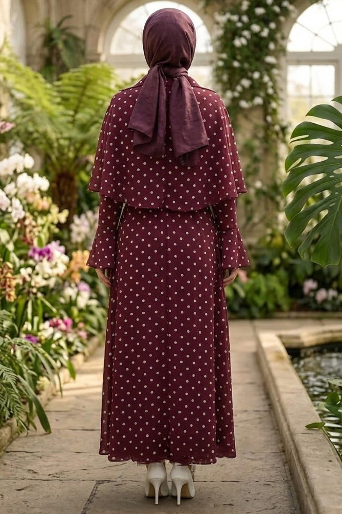 Puantiyeli Desenli Pelerinli Elbise Bordo - 28721-BORDO - 3