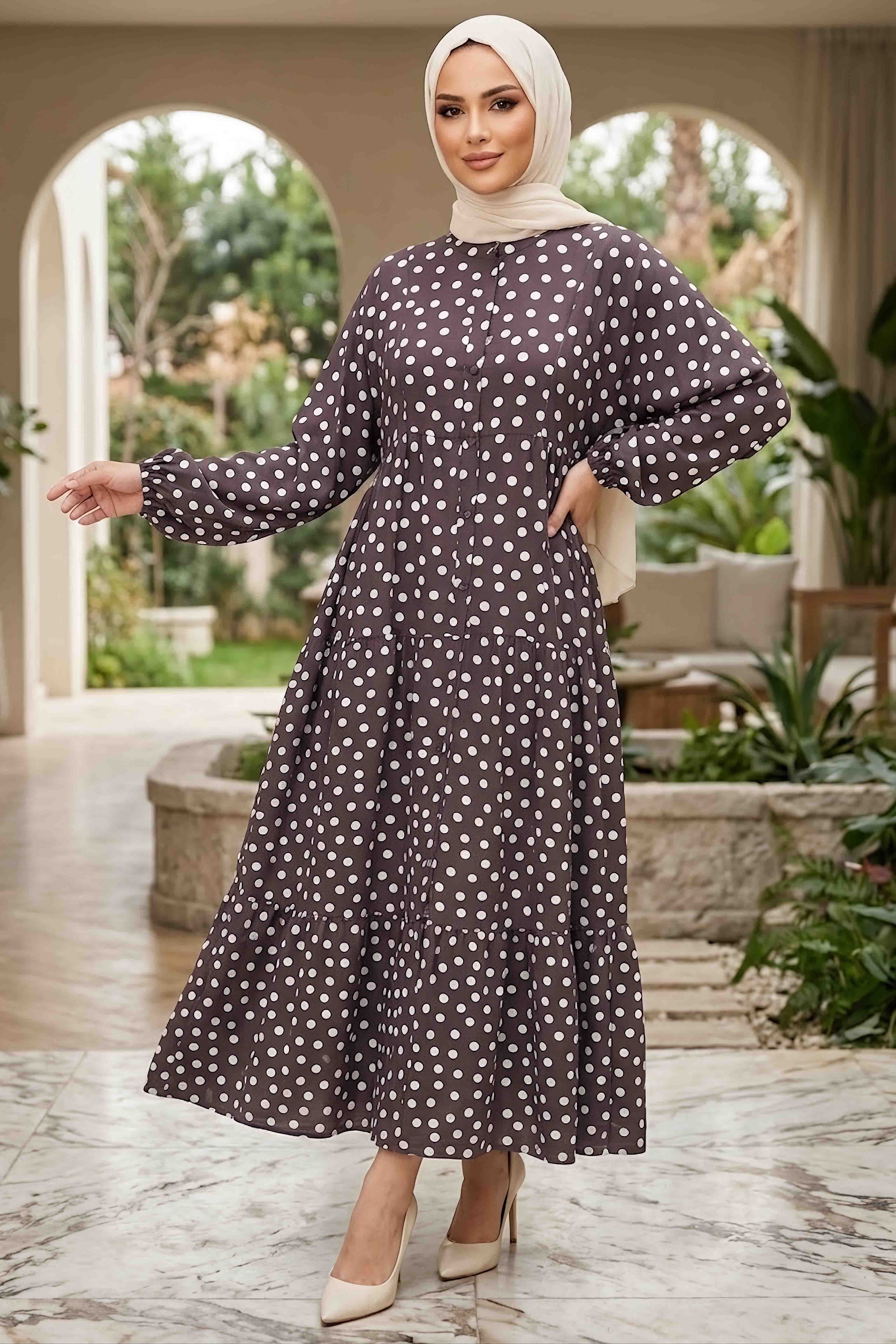 Puantiyeli Düğmeli Elbise Kahve - 28783-KAHVE - 1