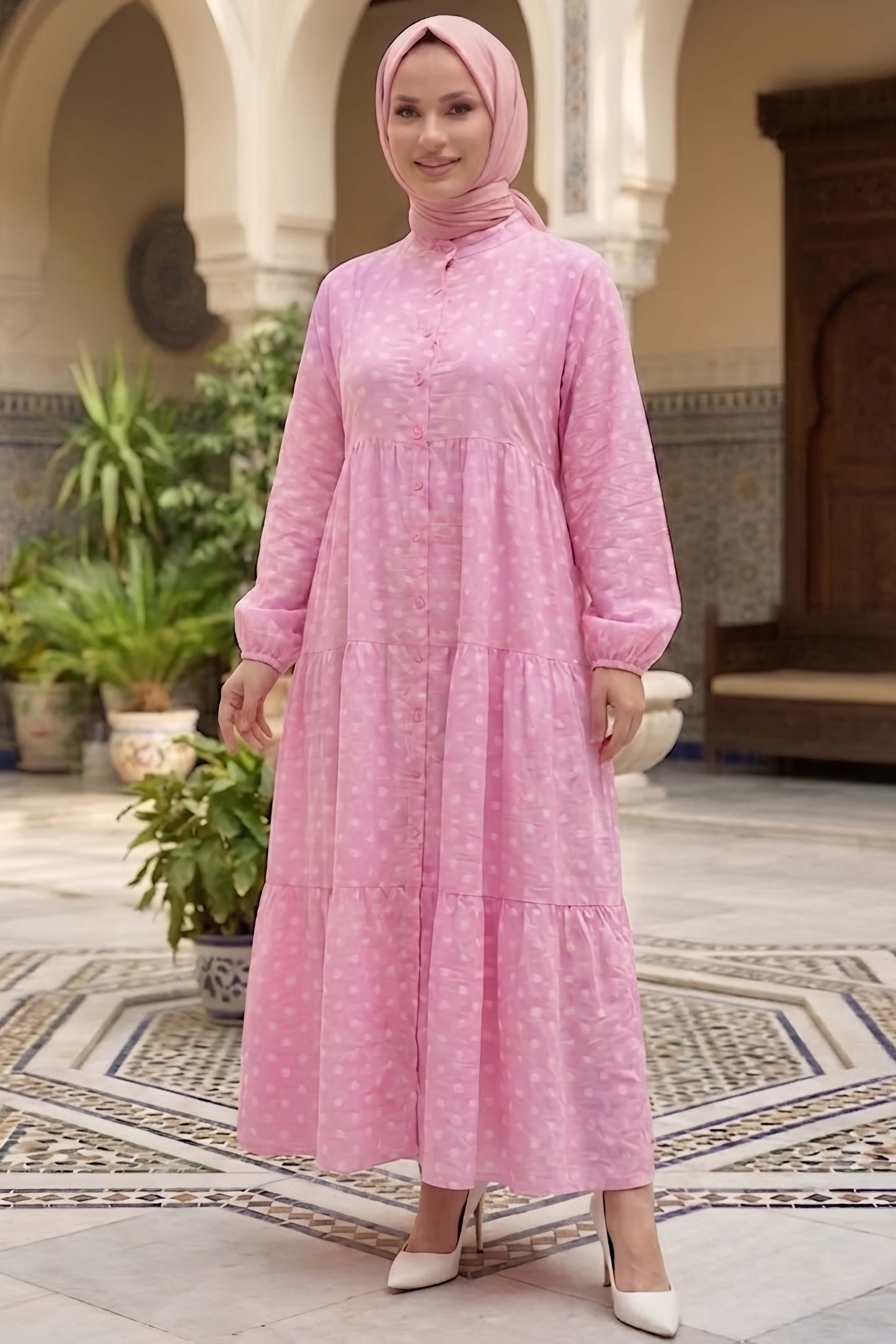 Puantiyeli Düğmeli Elbise Pembe - 28783-PEMBE - 1