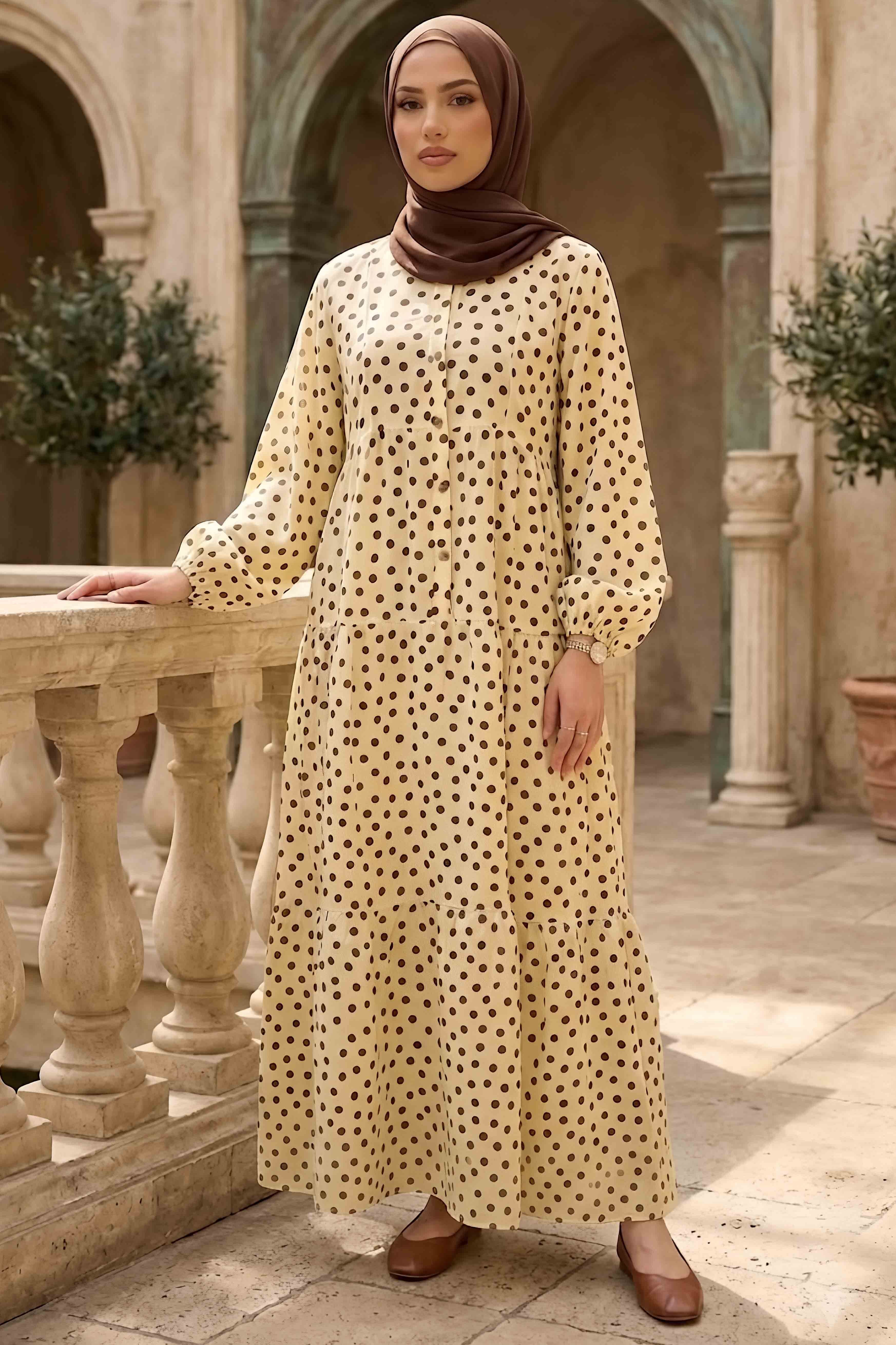 Puantiyeli Düğmeli Elbise Sari - 28783-SARI - 1