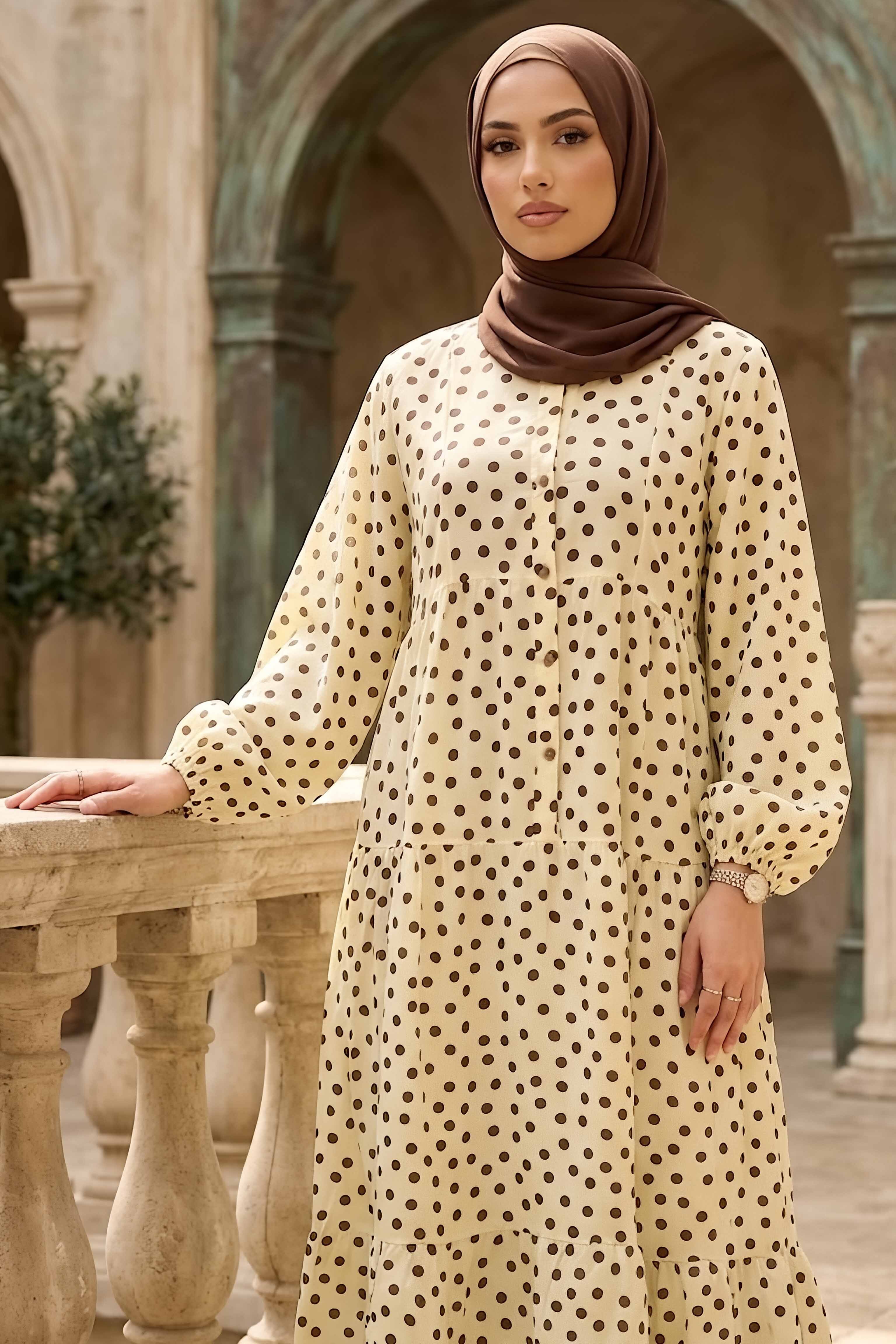 Puantiyeli Düğmeli Elbise Sari - 28783-SARI - 2