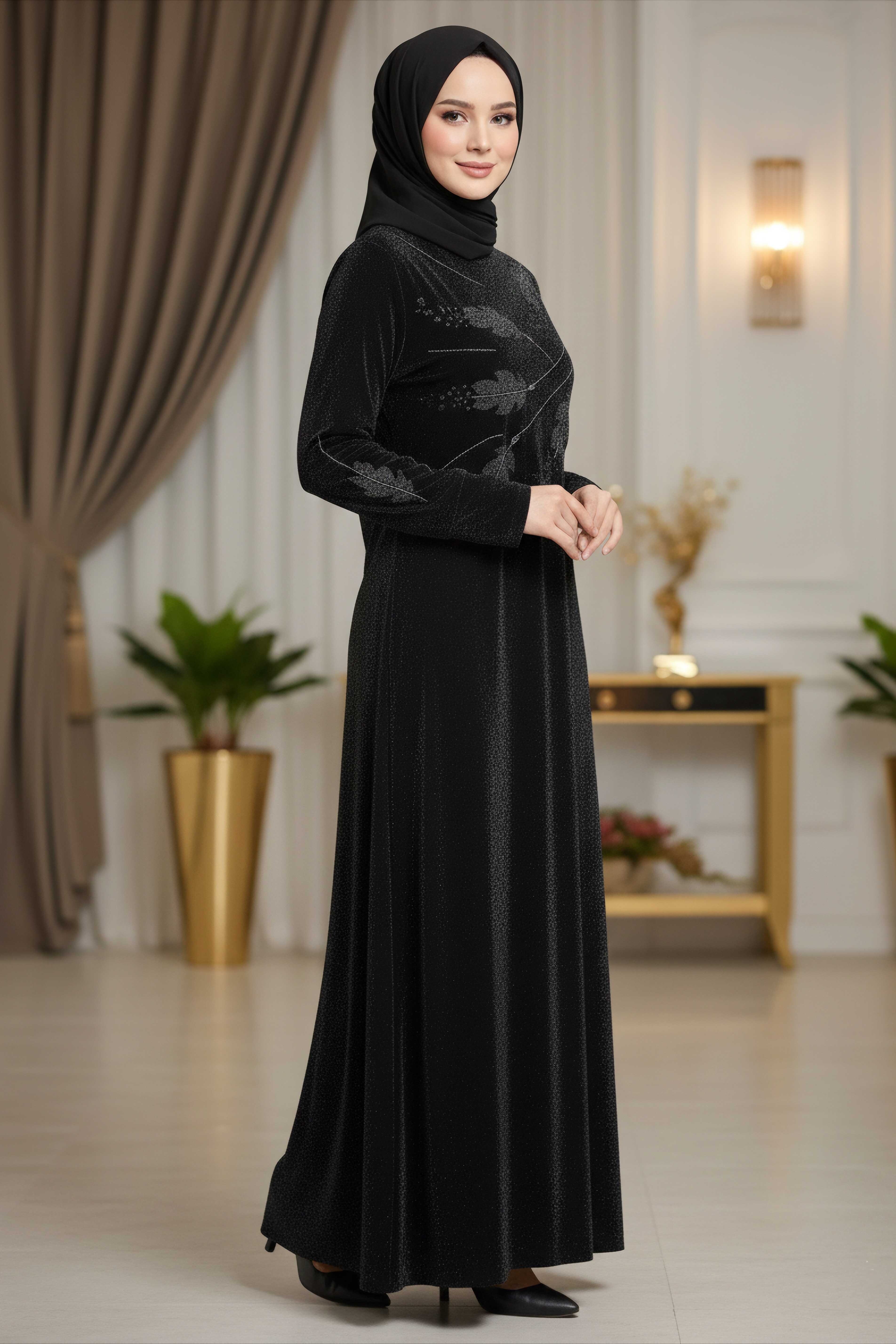 Pul Detaylı Simli Elbise - 28298-SIYAH - 1