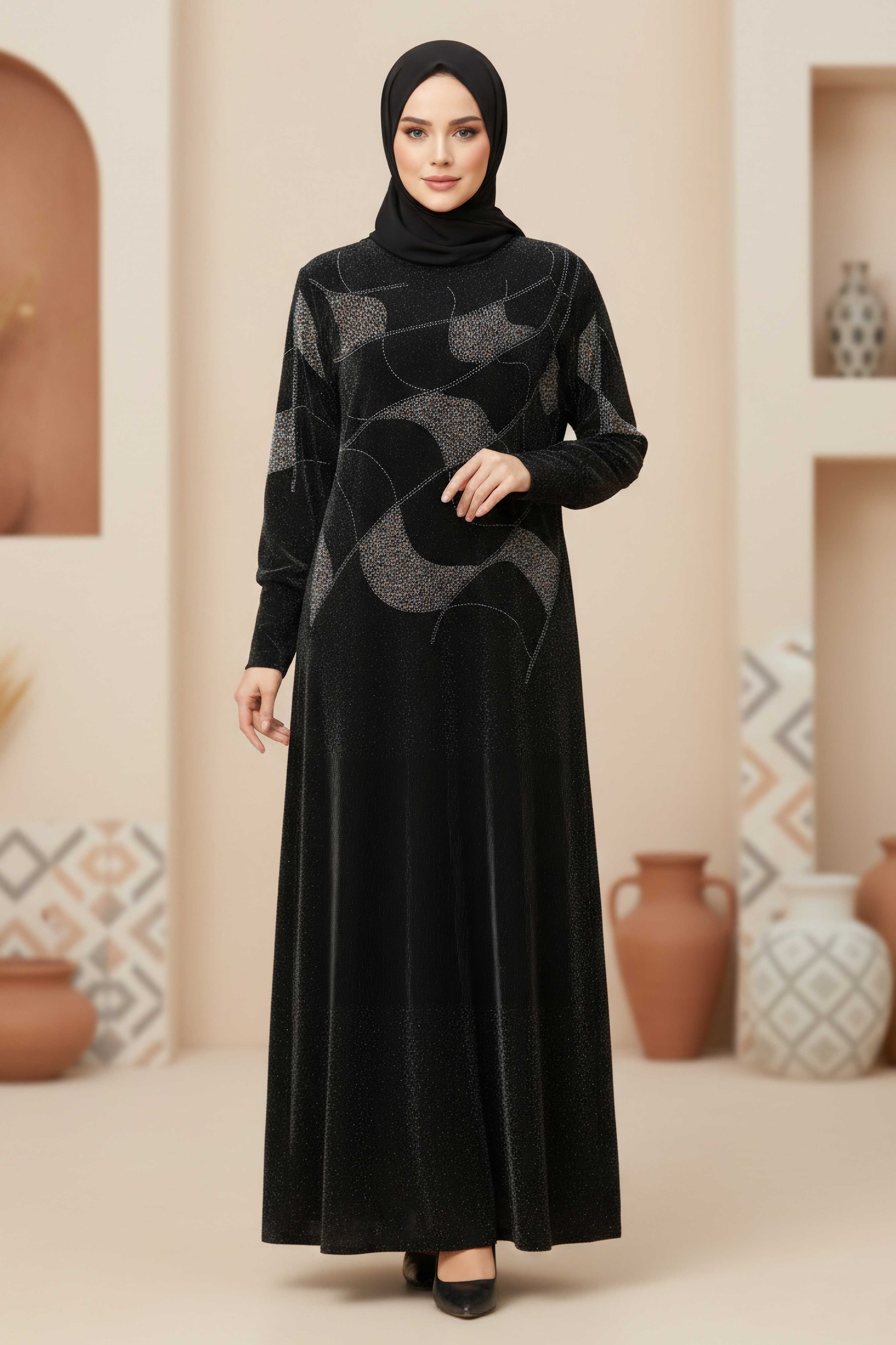 Pul Detaylı Simli Elbise - 28299-SIYAH - 1