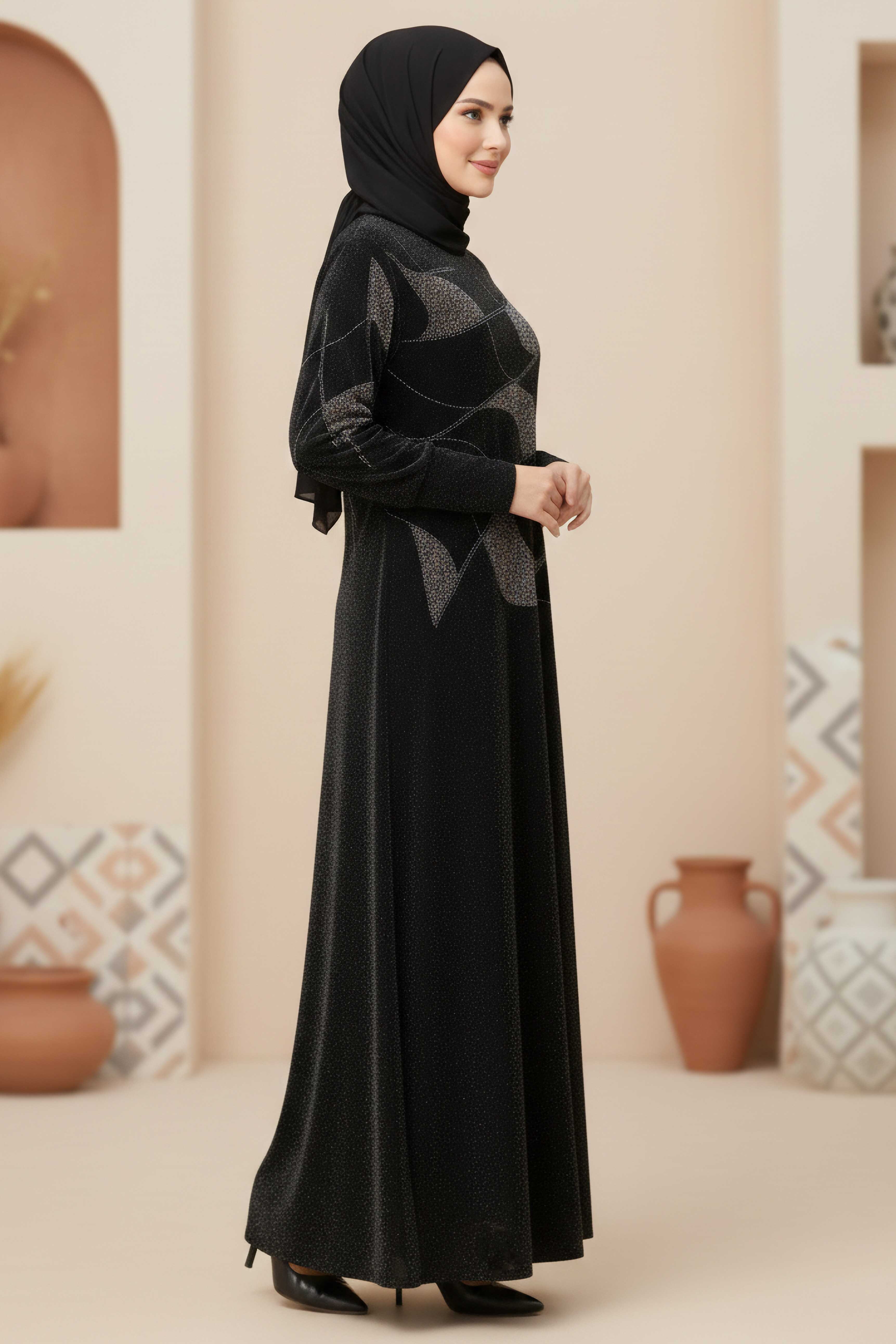 Pul Detaylı Simli Elbise - 28299-SIYAH - 2