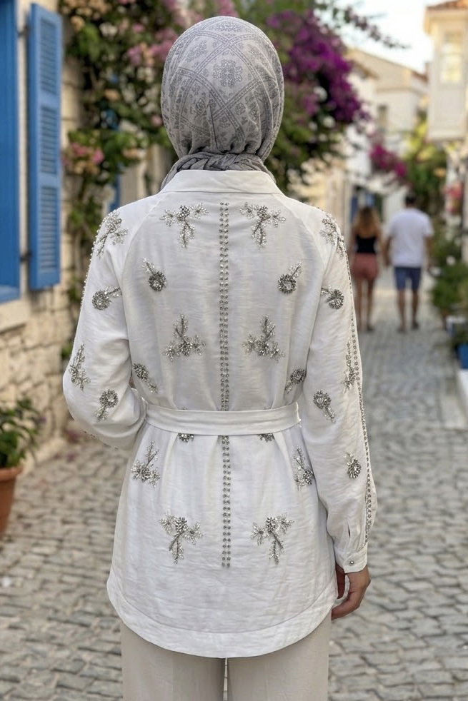 Pullu Kemerli Kimono Beyaz - 28541-BEYAZ - 3