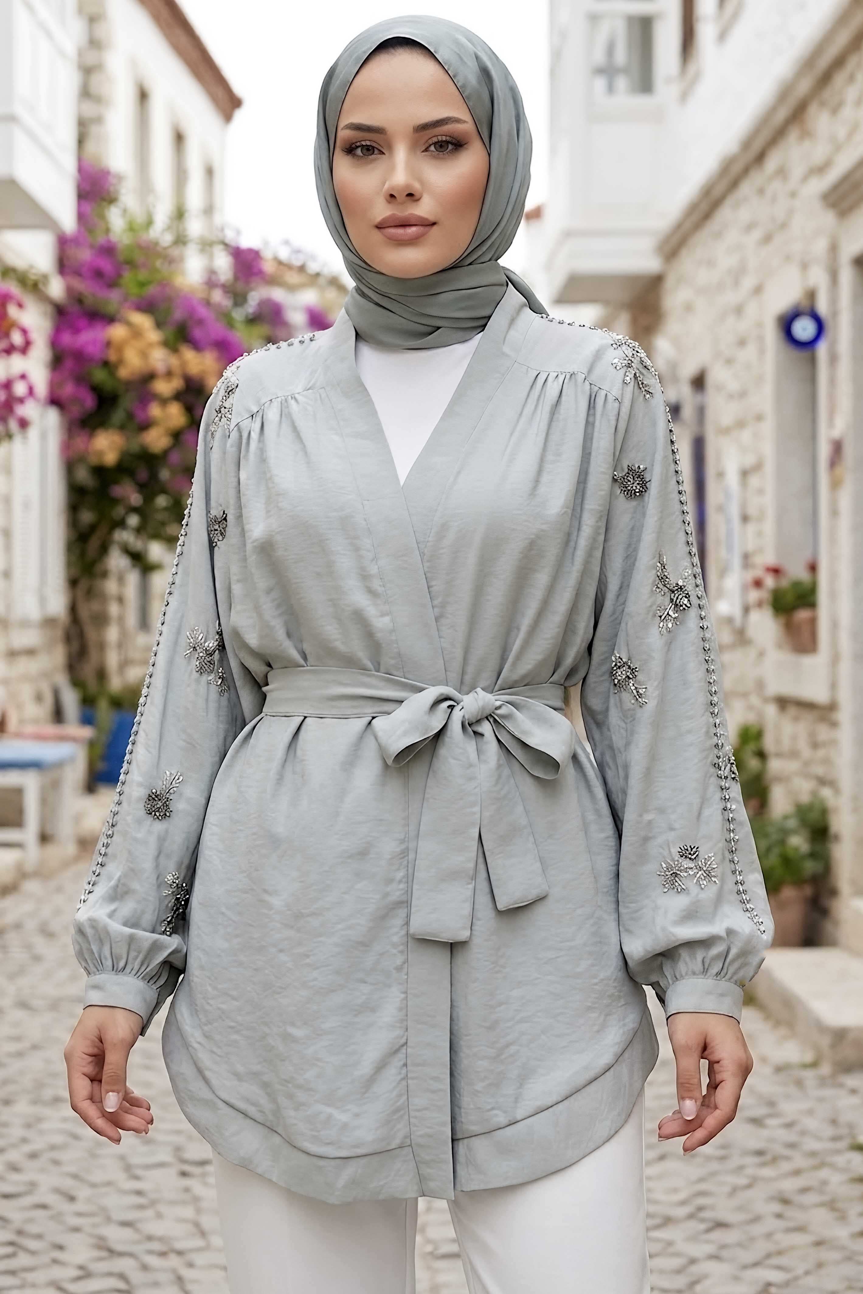 Pullu Kemerli Kimono Gri - 28541-GRI - 1