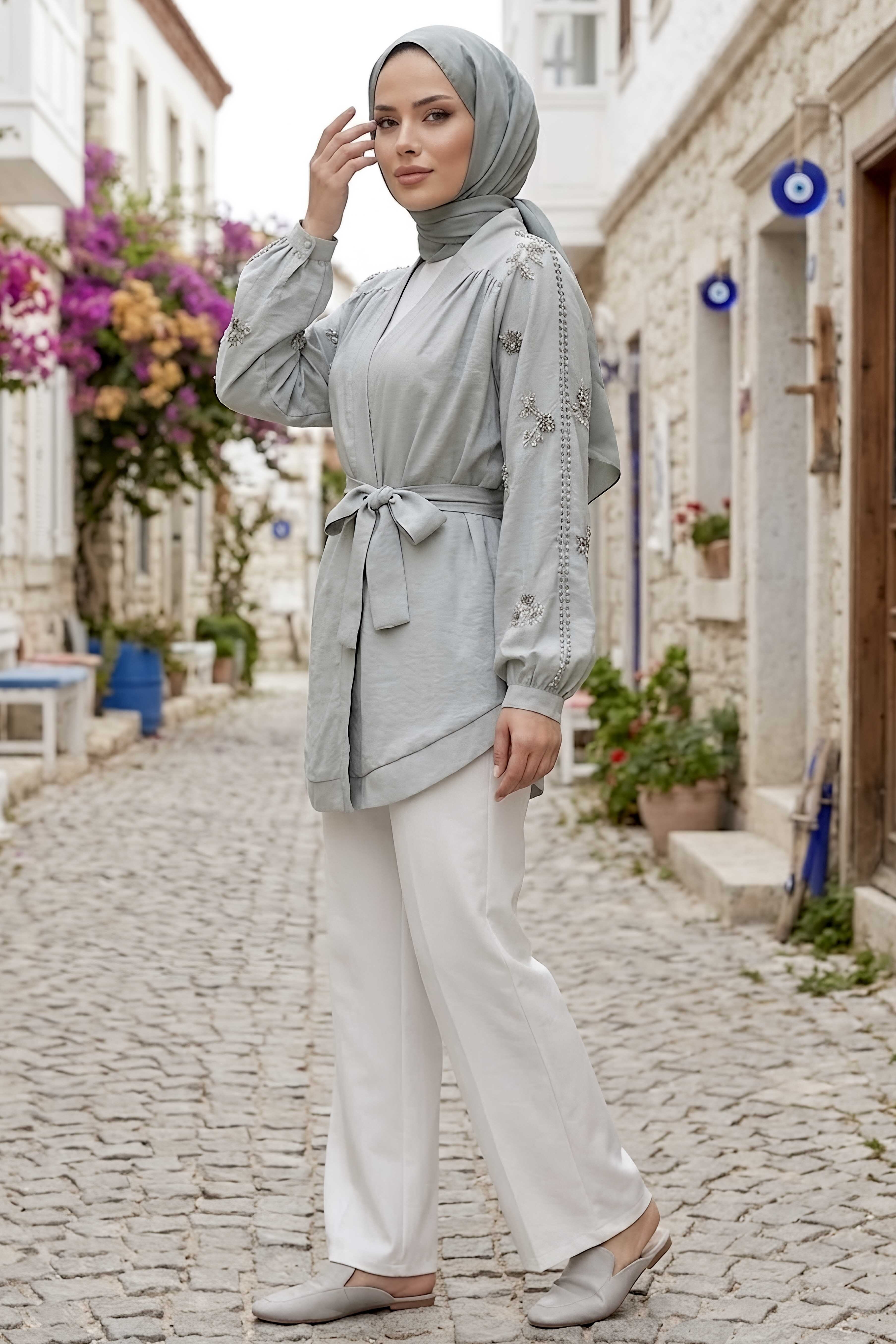 Pullu Kemerli Kimono Gri - 28541-GRI - 2