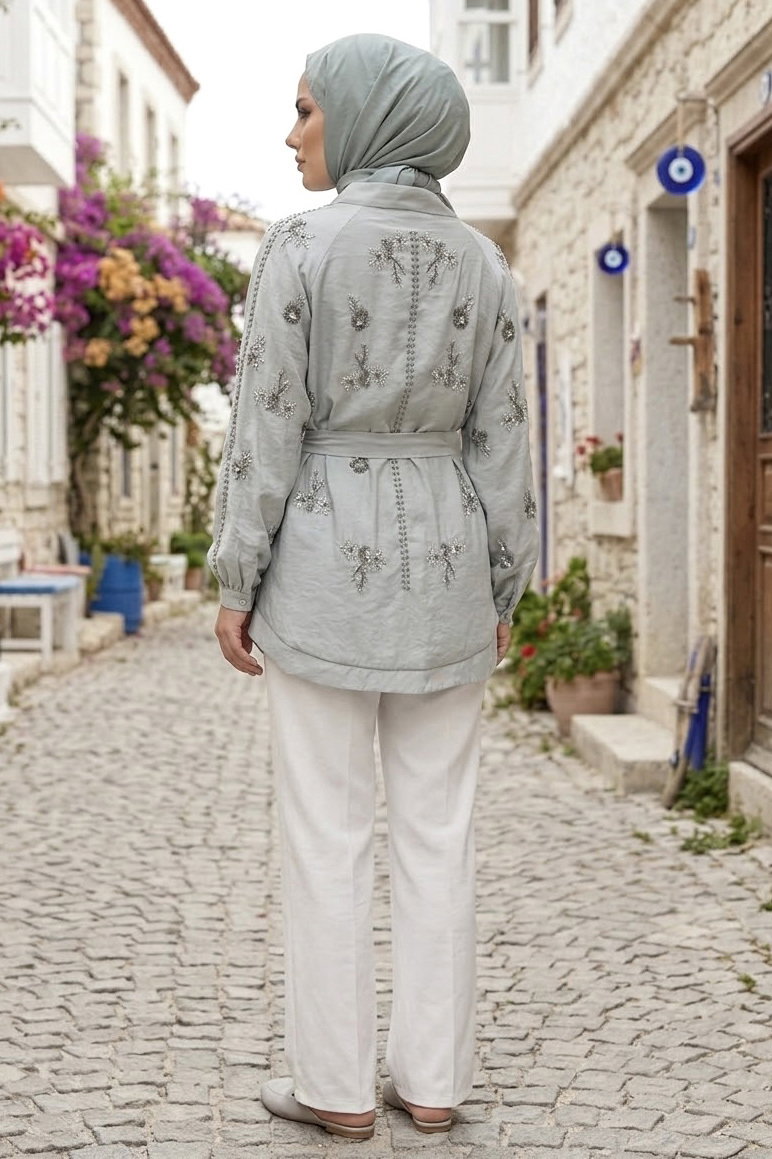 Pullu Kemerli Kimono Gri - 28541-GRI - 3