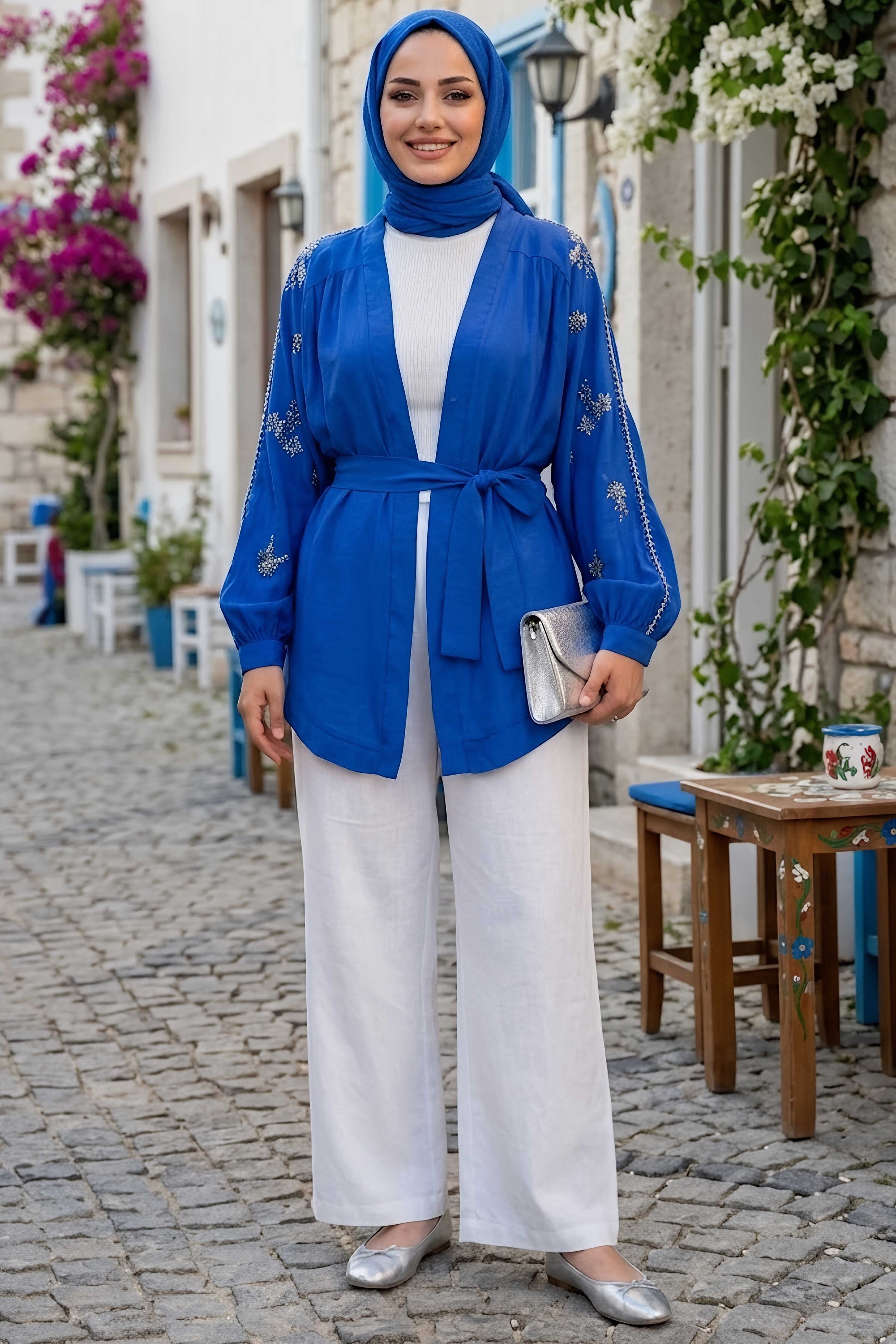 Pullu Kemerli Kimono Indigo - 28541-INDIGO - 1