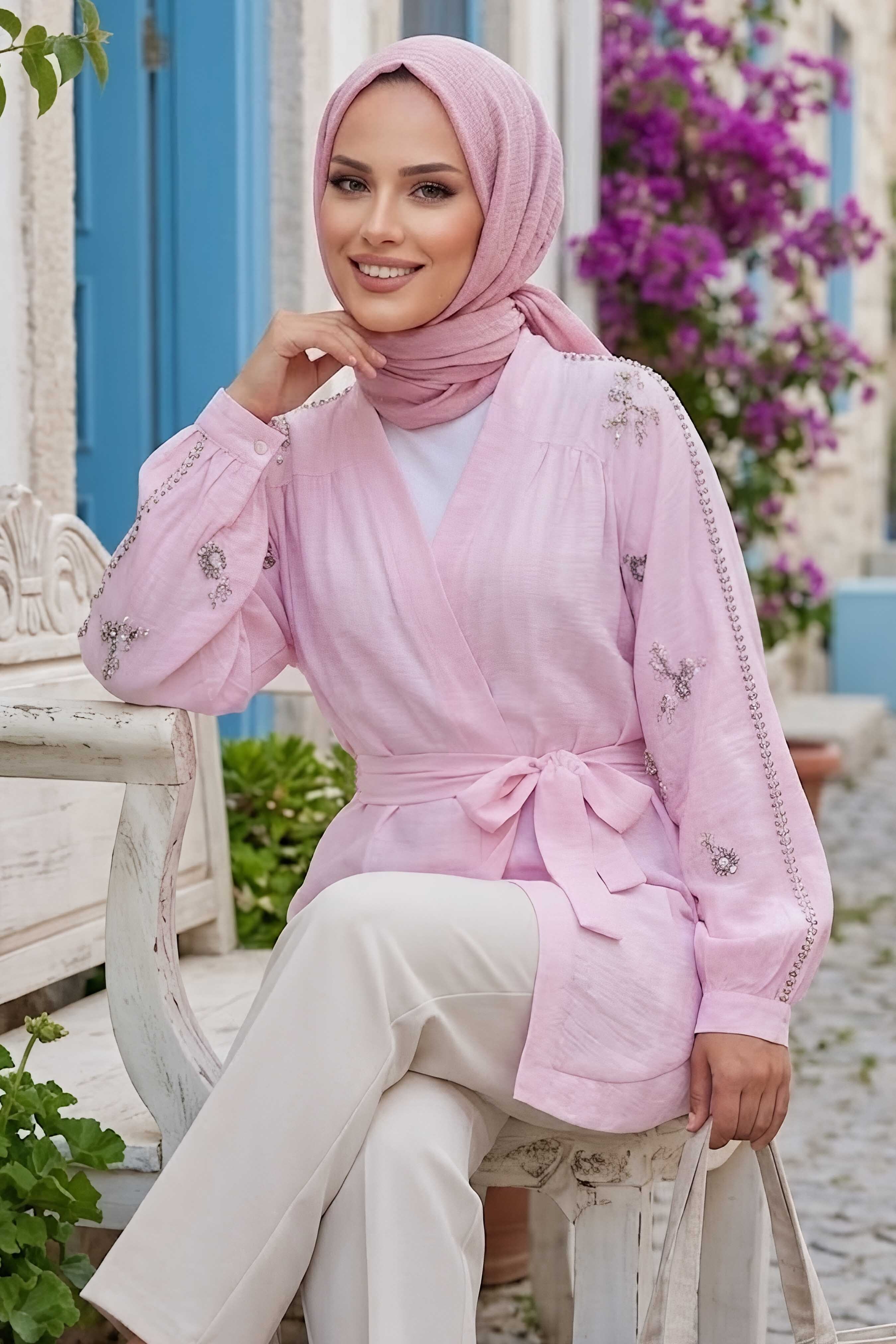 Pullu Kemerli Kimono Pembe - 28541-PEMBE - 1