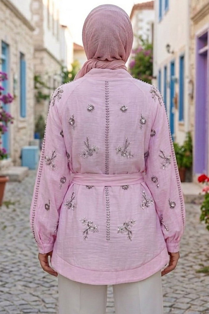 Pullu Kemerli Kimono Pembe - 28541-PEMBE - 3