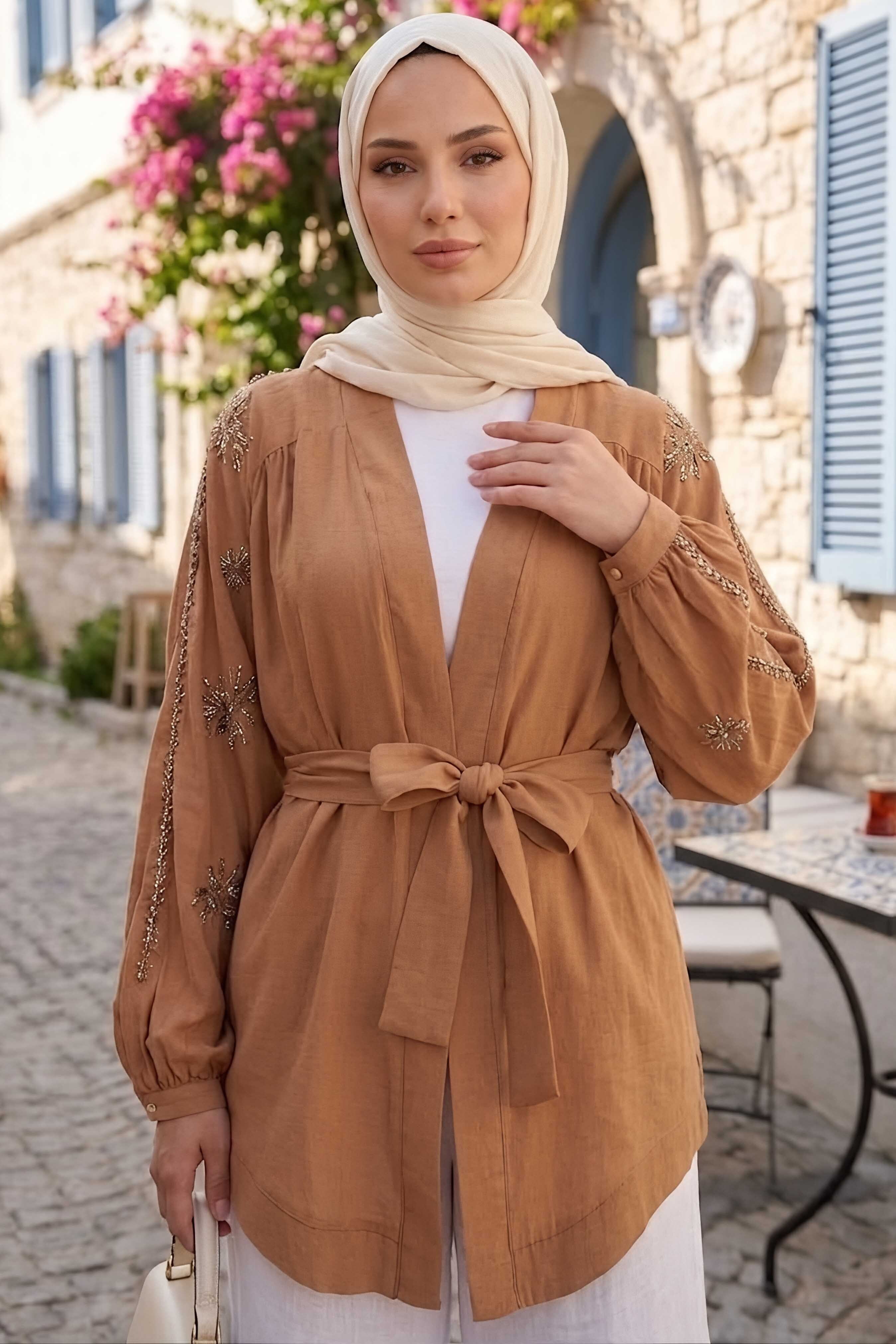 Pullu Kemerli Kimono Taba - 28541-TABA - 1