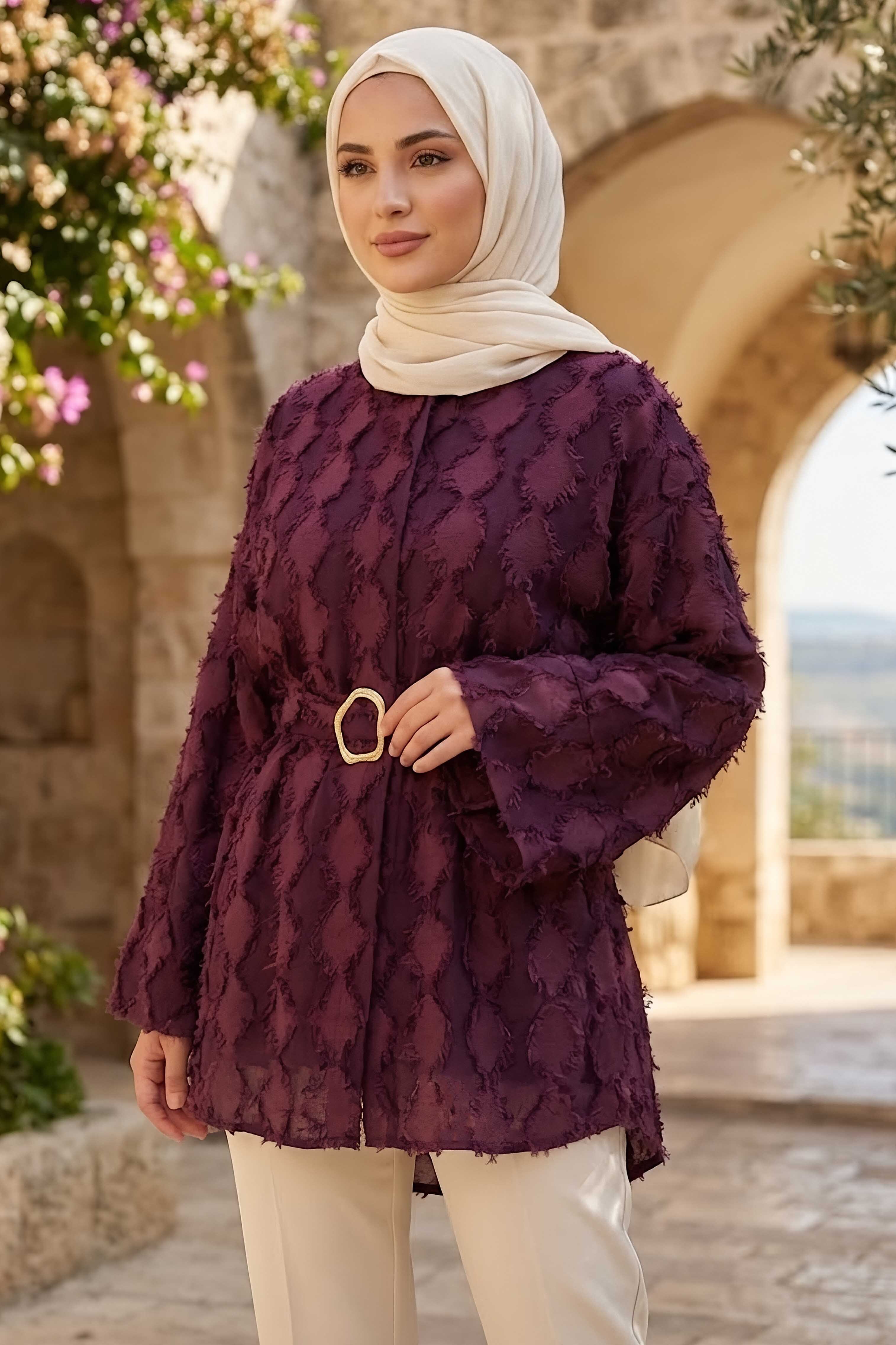Püsküllü Kemerli Tunik Bordo - 28723-BORDO - 1