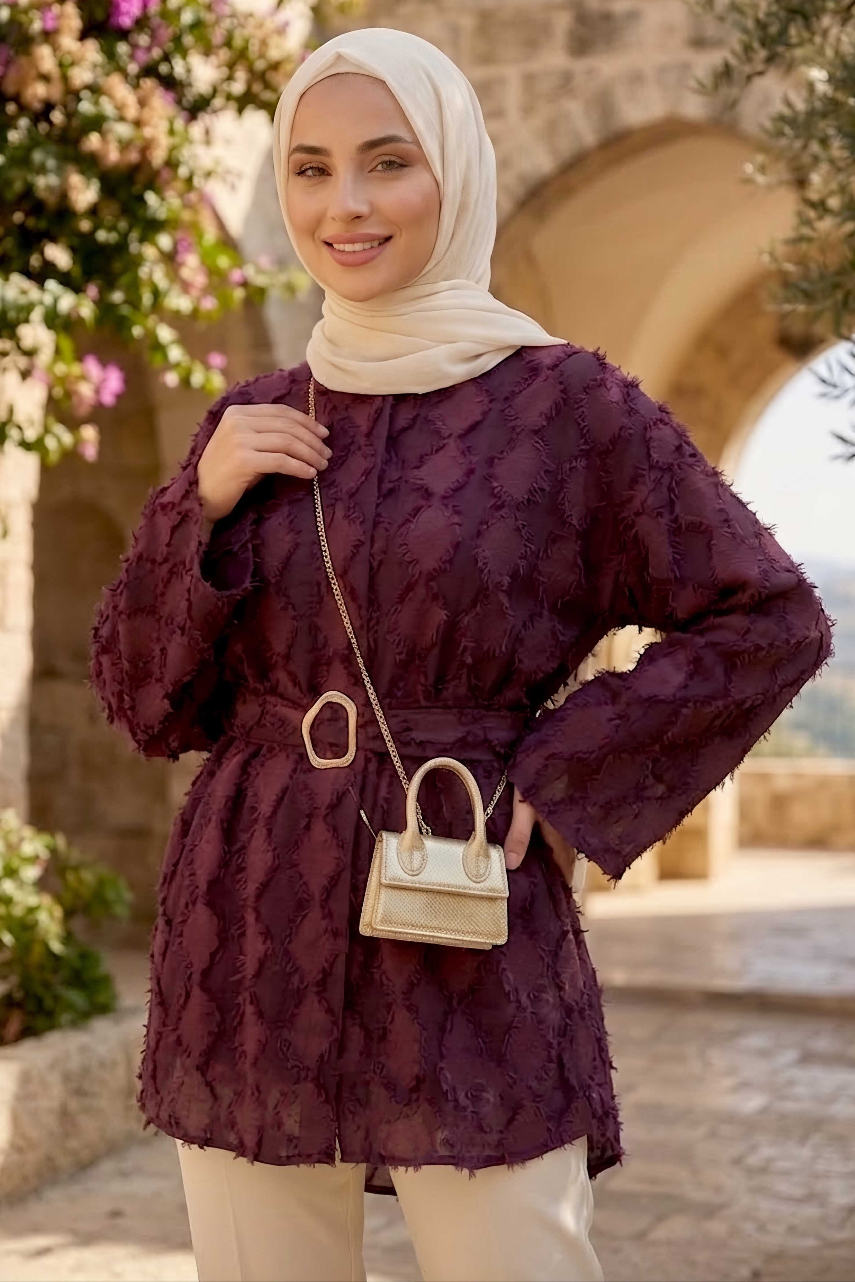 Püsküllü Kemerli Tunik Bordo - 28723-BORDO - 2