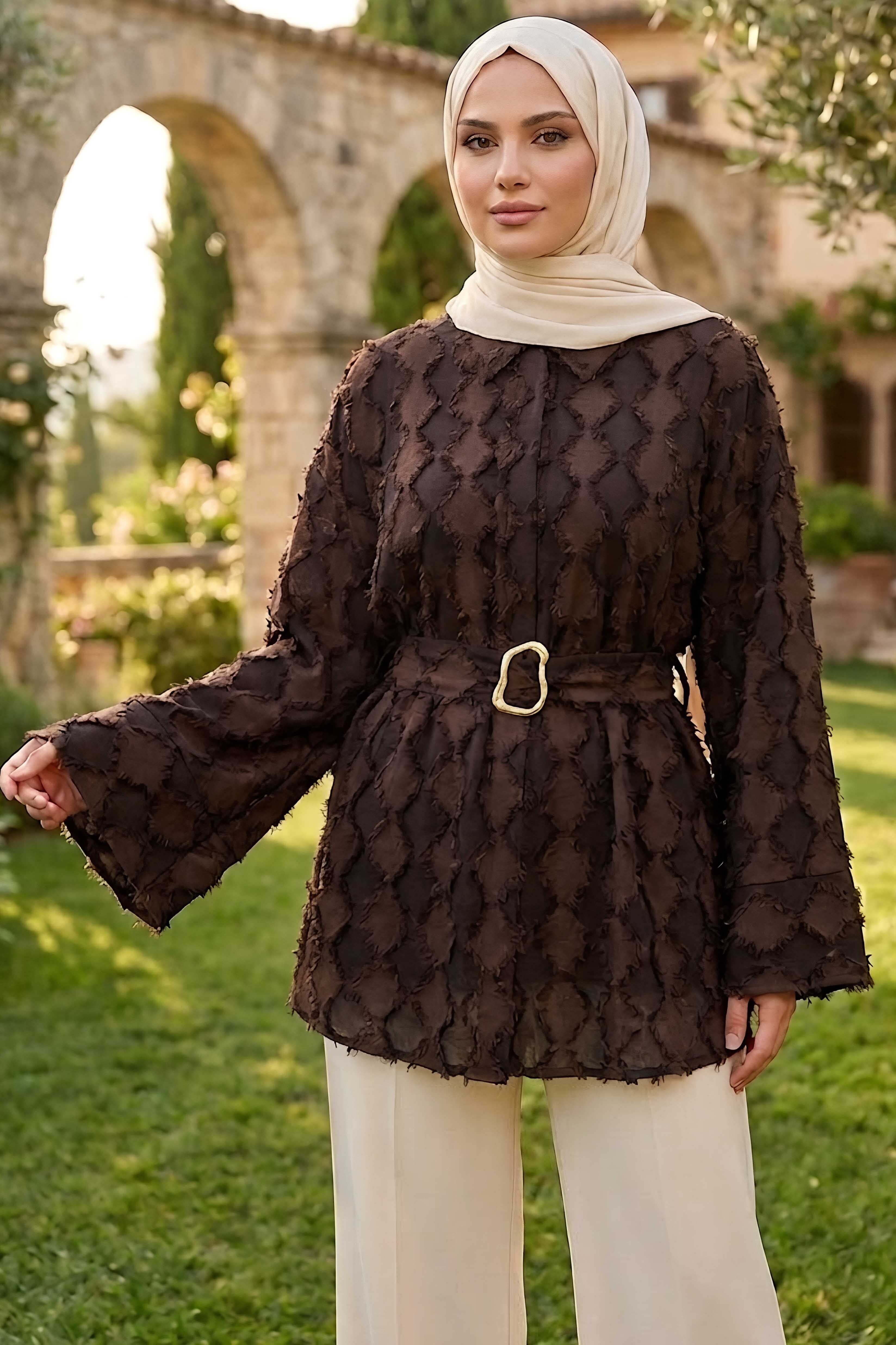 Püsküllü Kemerli Tunik Kahve - 28723-KAHVE - 2