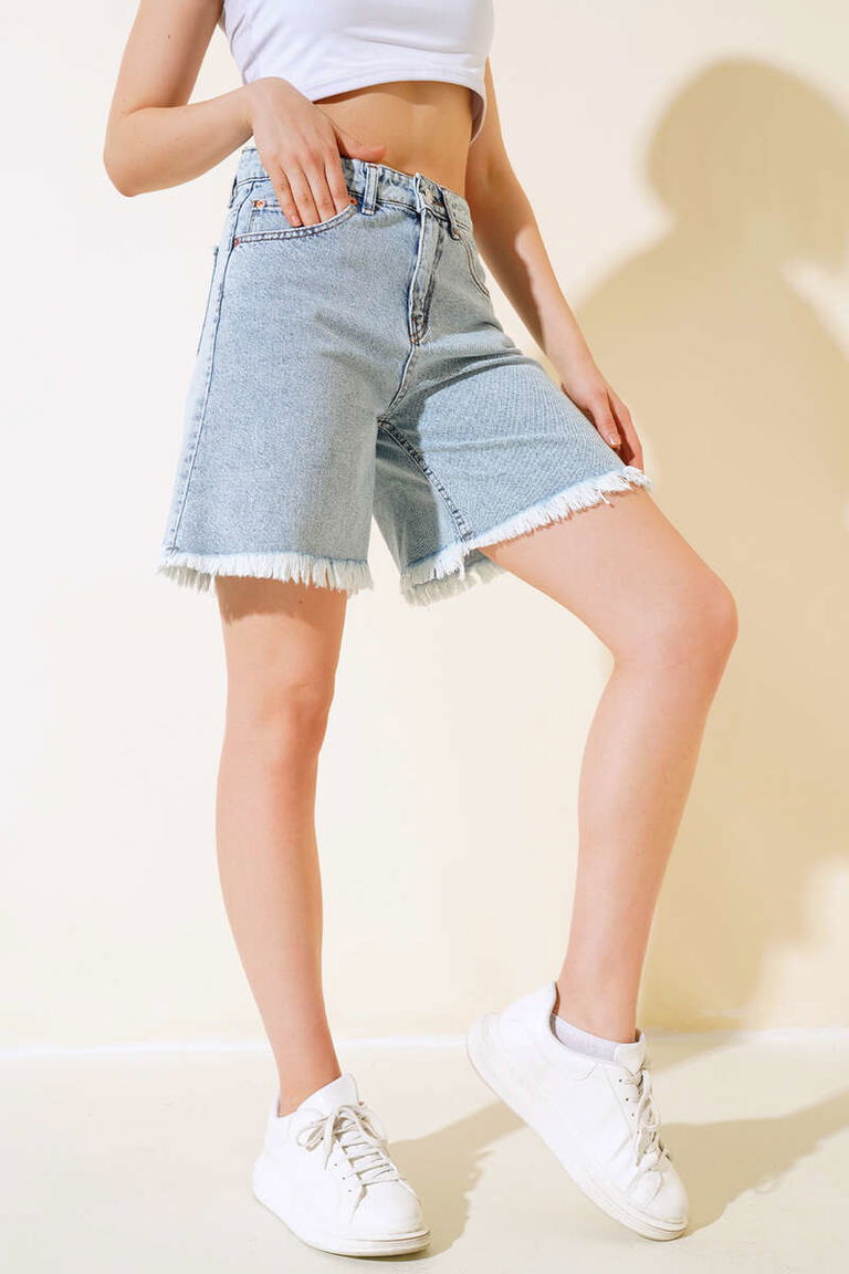 Püsküllü Kot Şort - 27362 - TOFİSA