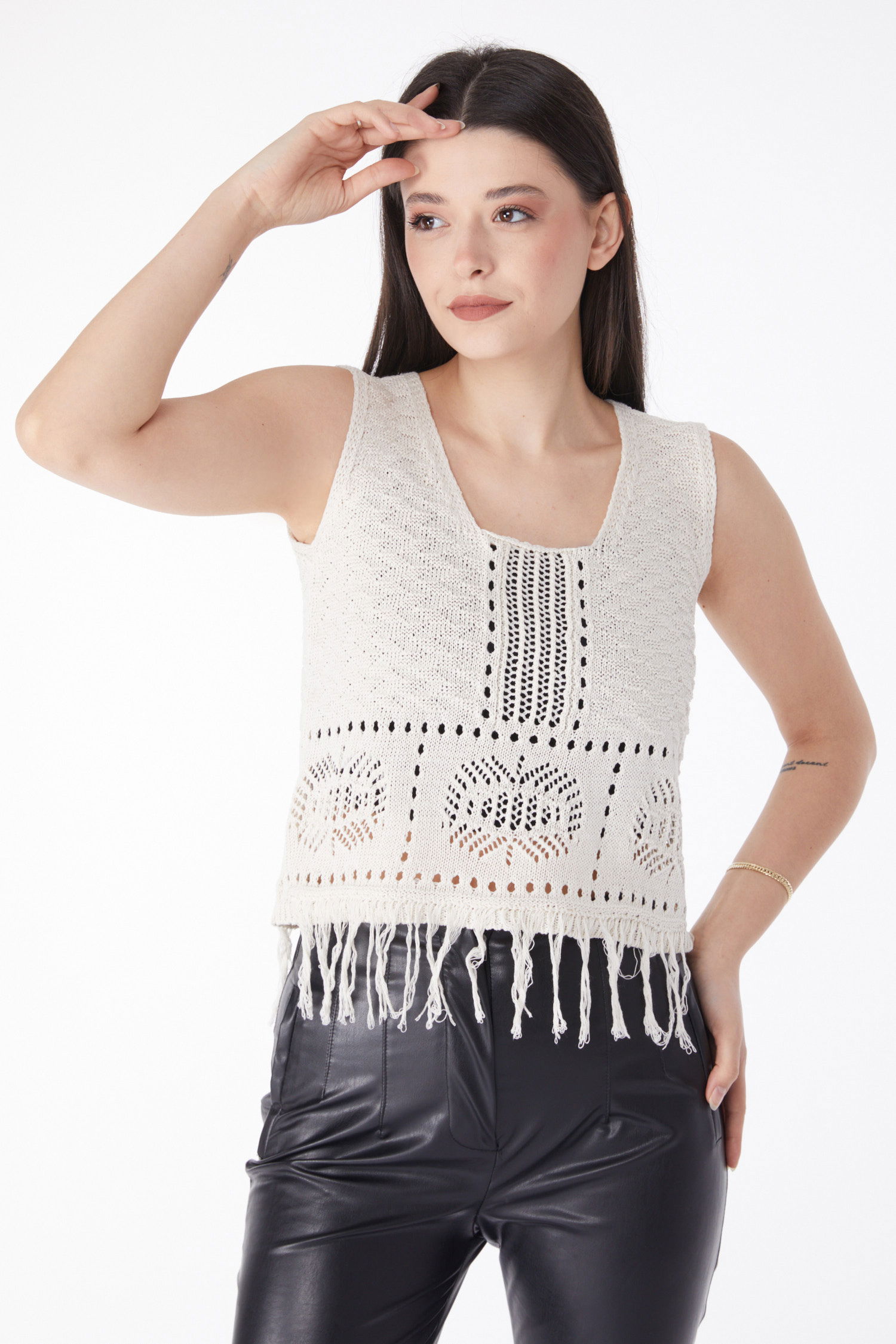 Püskülü Delikli Triko Crop - 27670 - 2