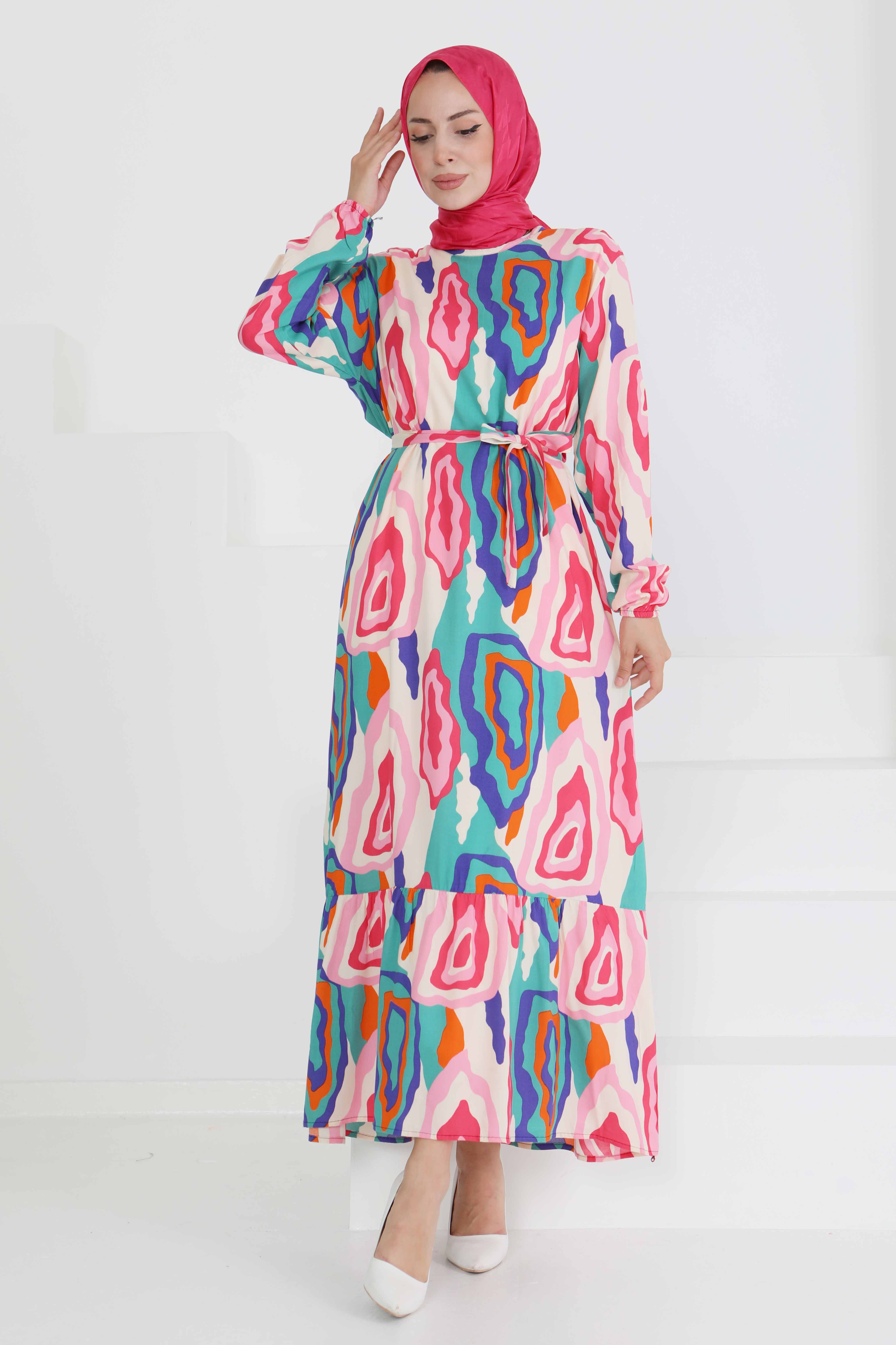 Renkli Desenli Elbise - 27471 - 1