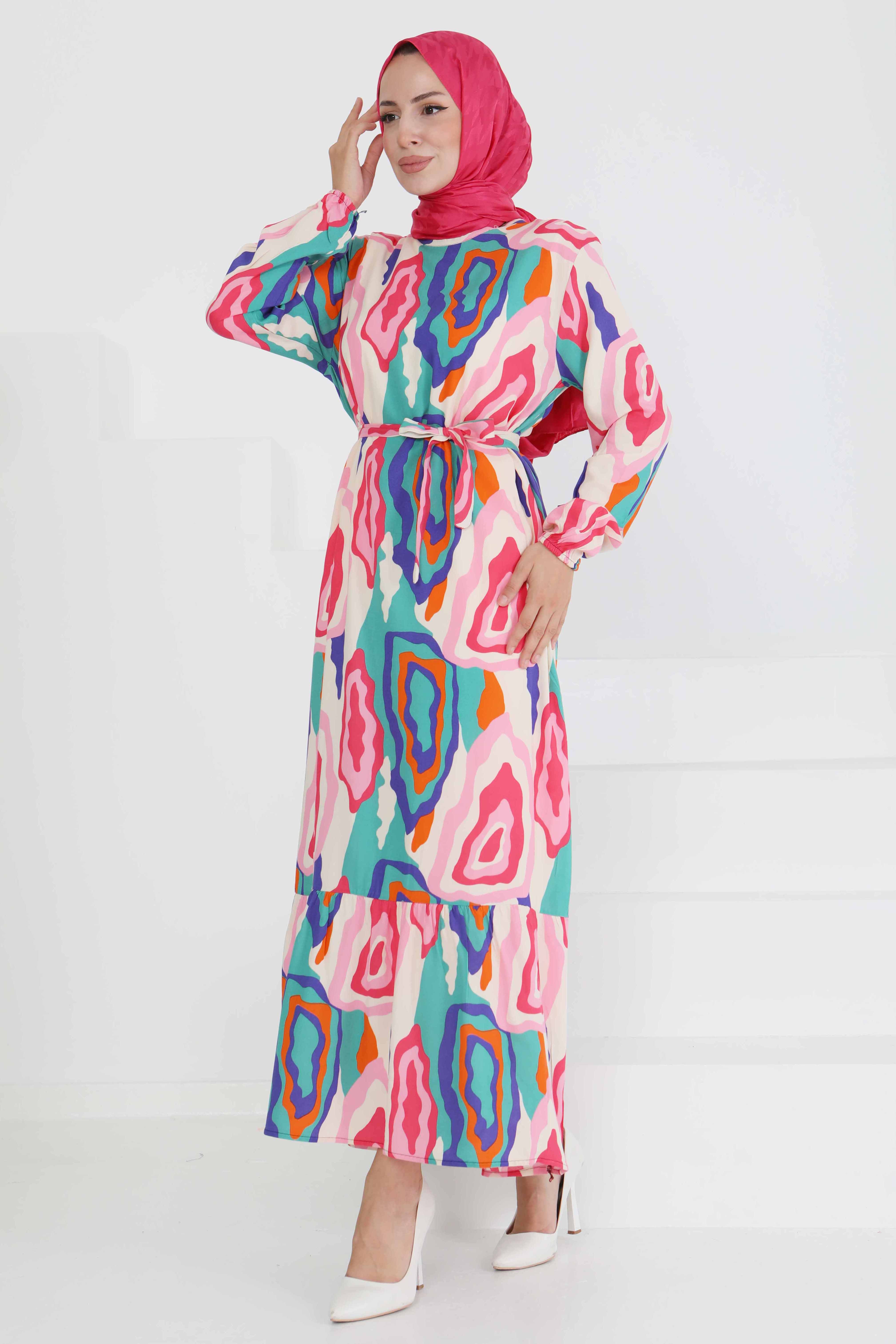 Renkli Desenli Elbise - 27471 - 3