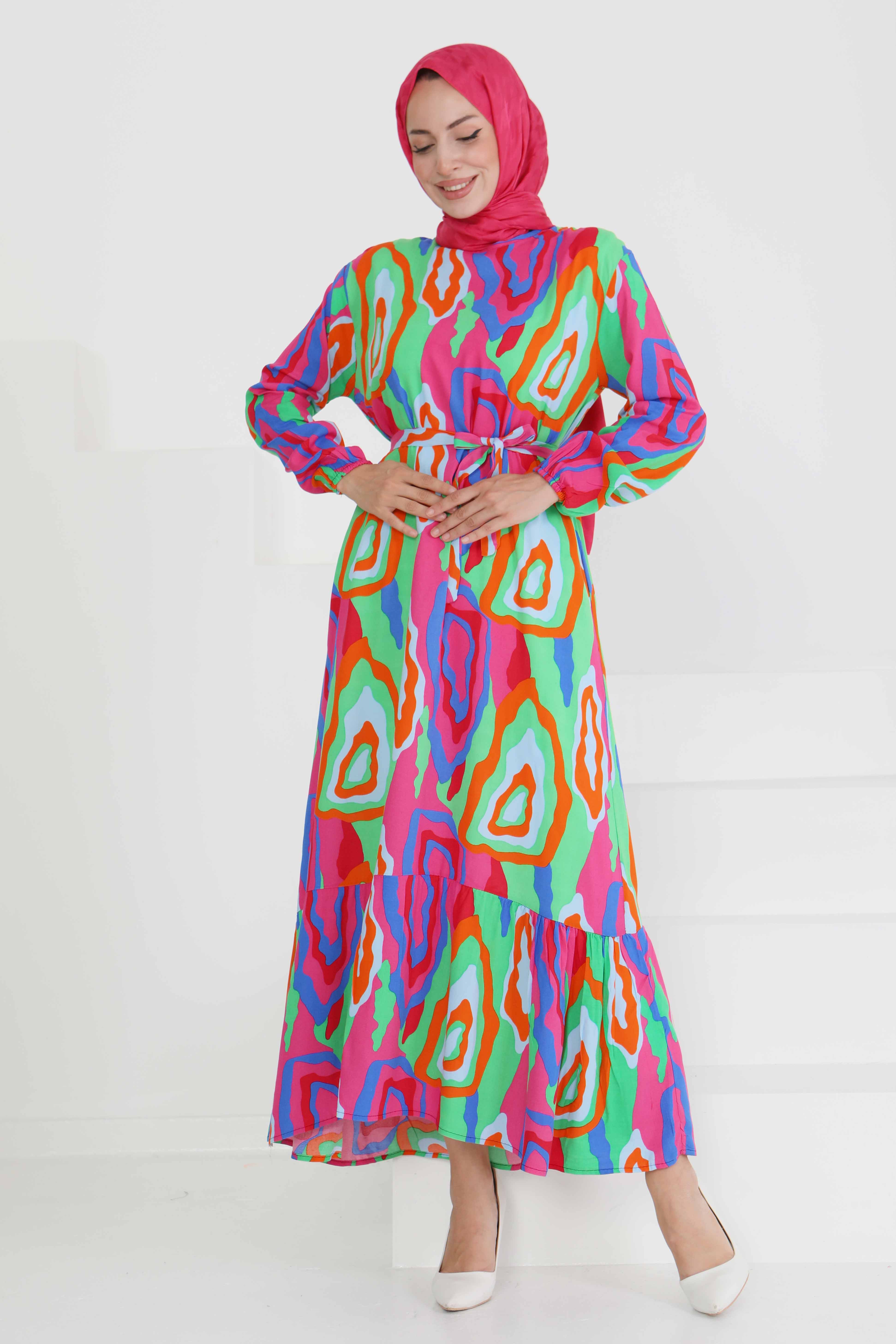 Renkli Desenli Elbise - 27471 - 1