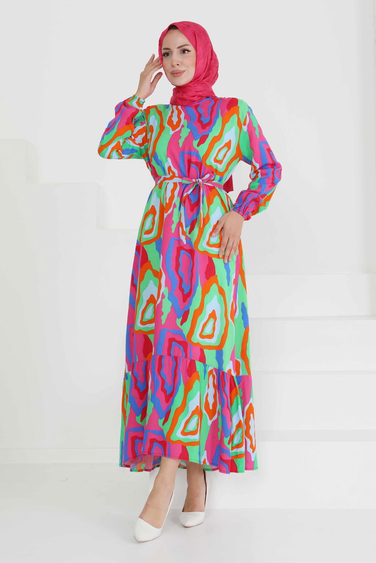 Renkli Desenli Elbise - 27471 - TOFİSA