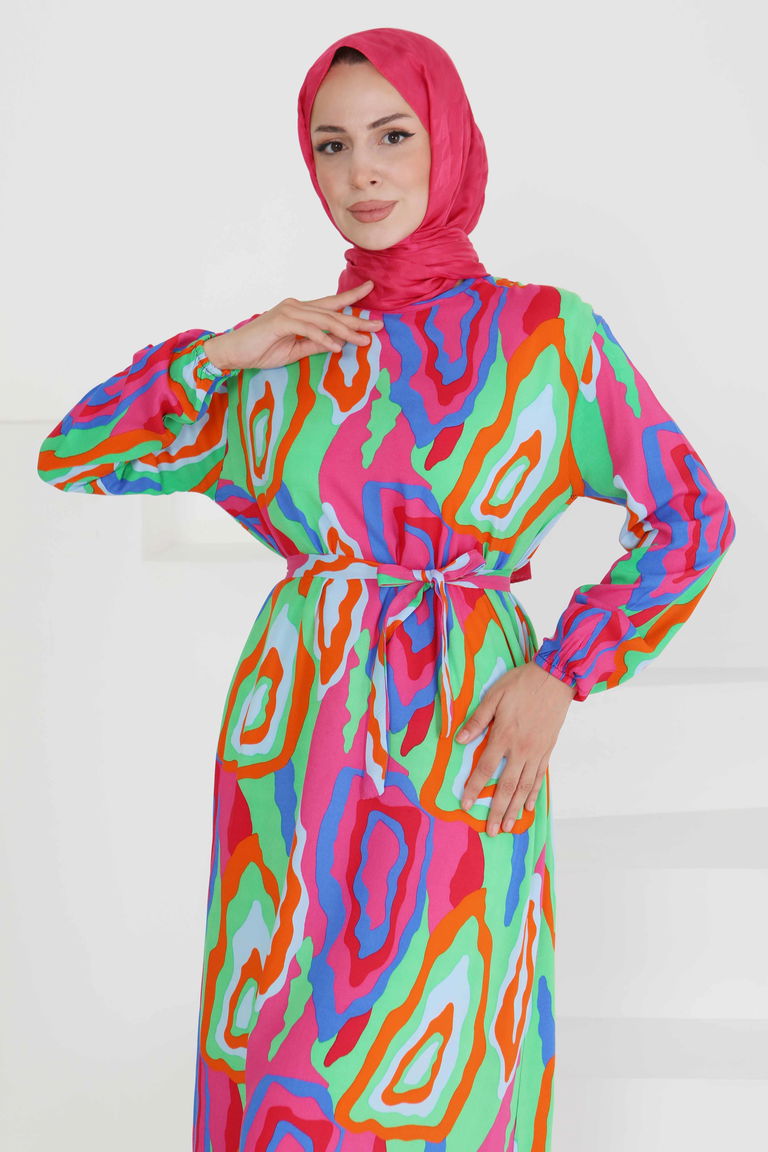 Renkli Desenli Elbise - 27471 - TOFİSA