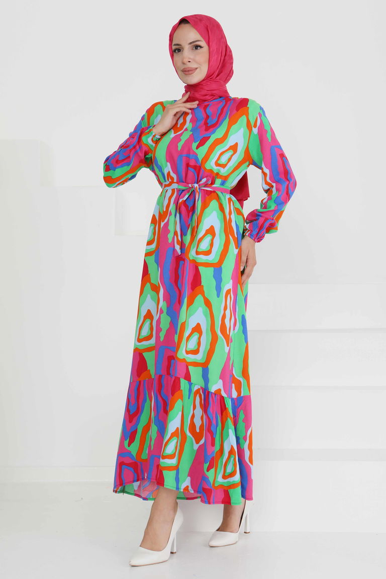 Renkli Desenli Elbise - 27471 - TOFİSA