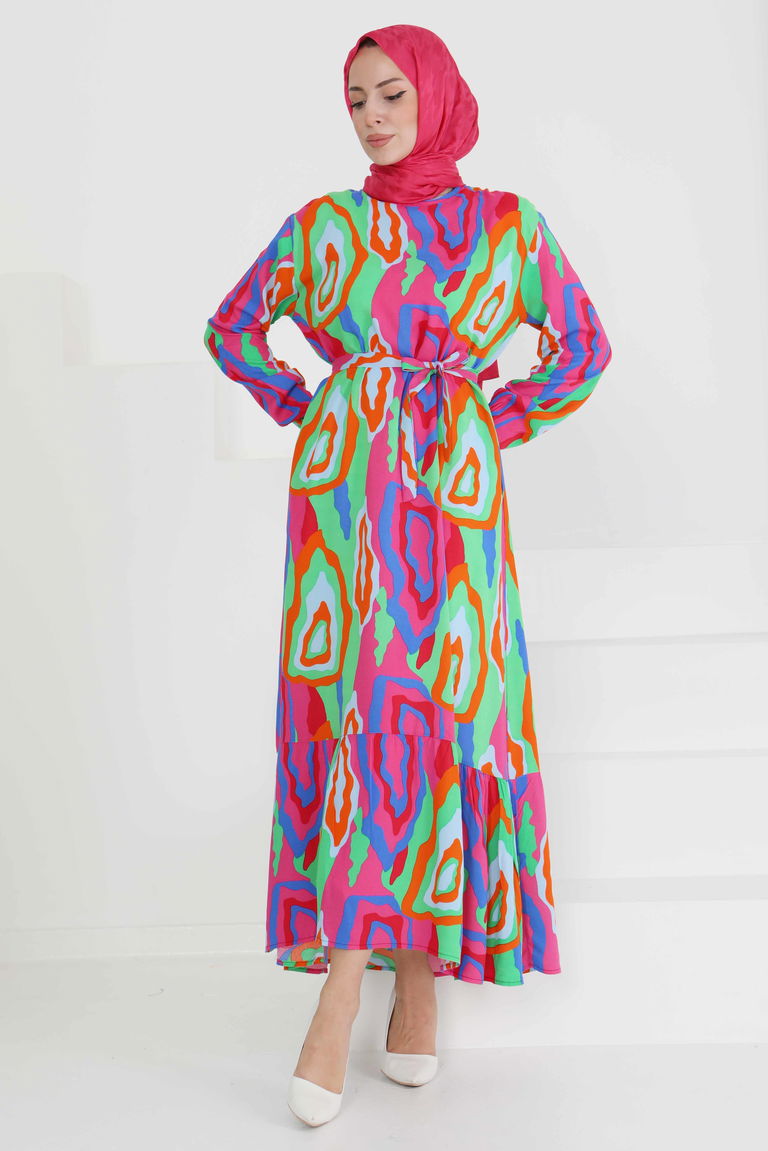 Renkli Desenli Elbise - 27471 - TOFİSA