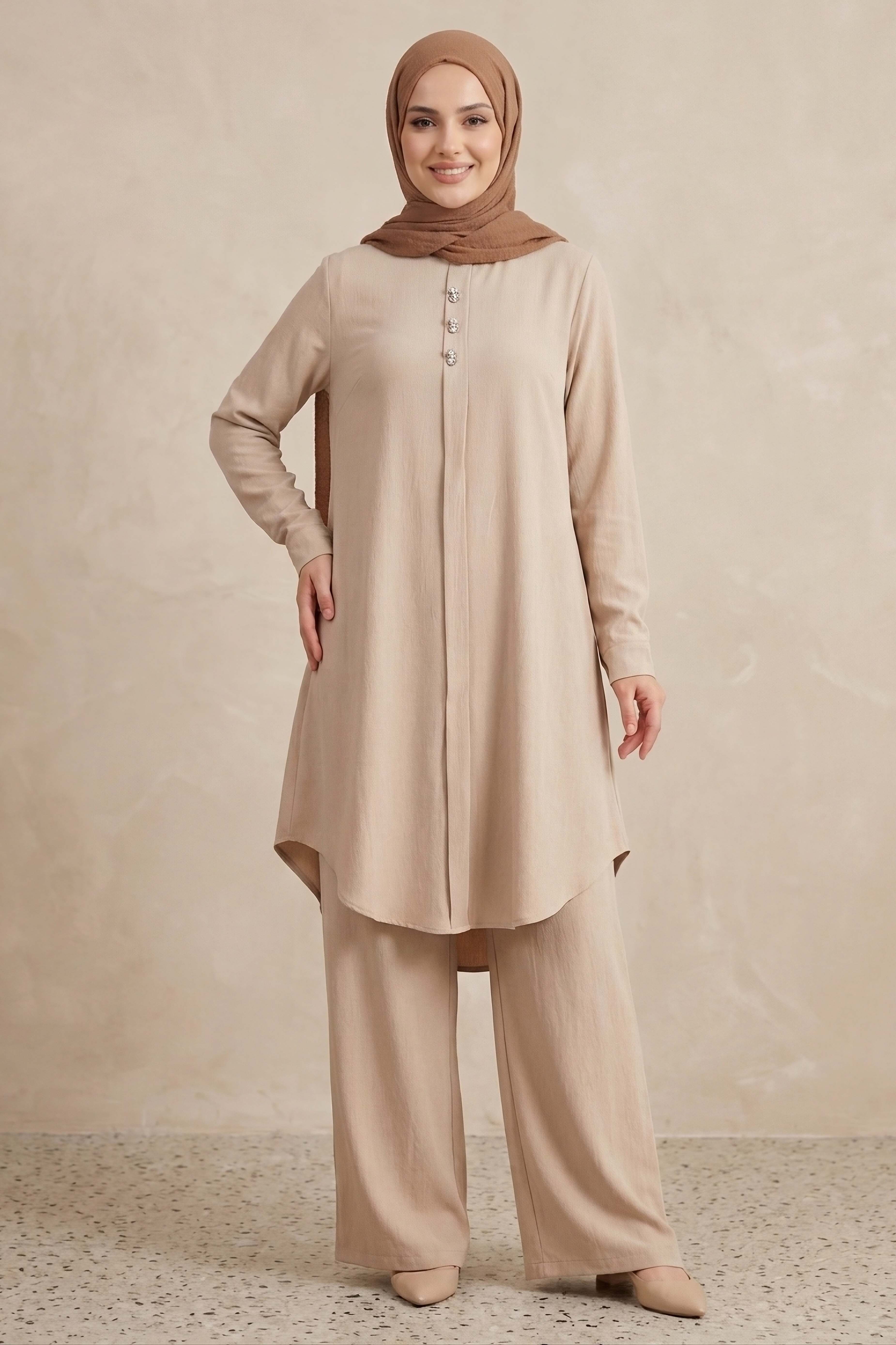 Riz Tunik Pantolon İkili Takım Bej - 2129-BEJ - 1