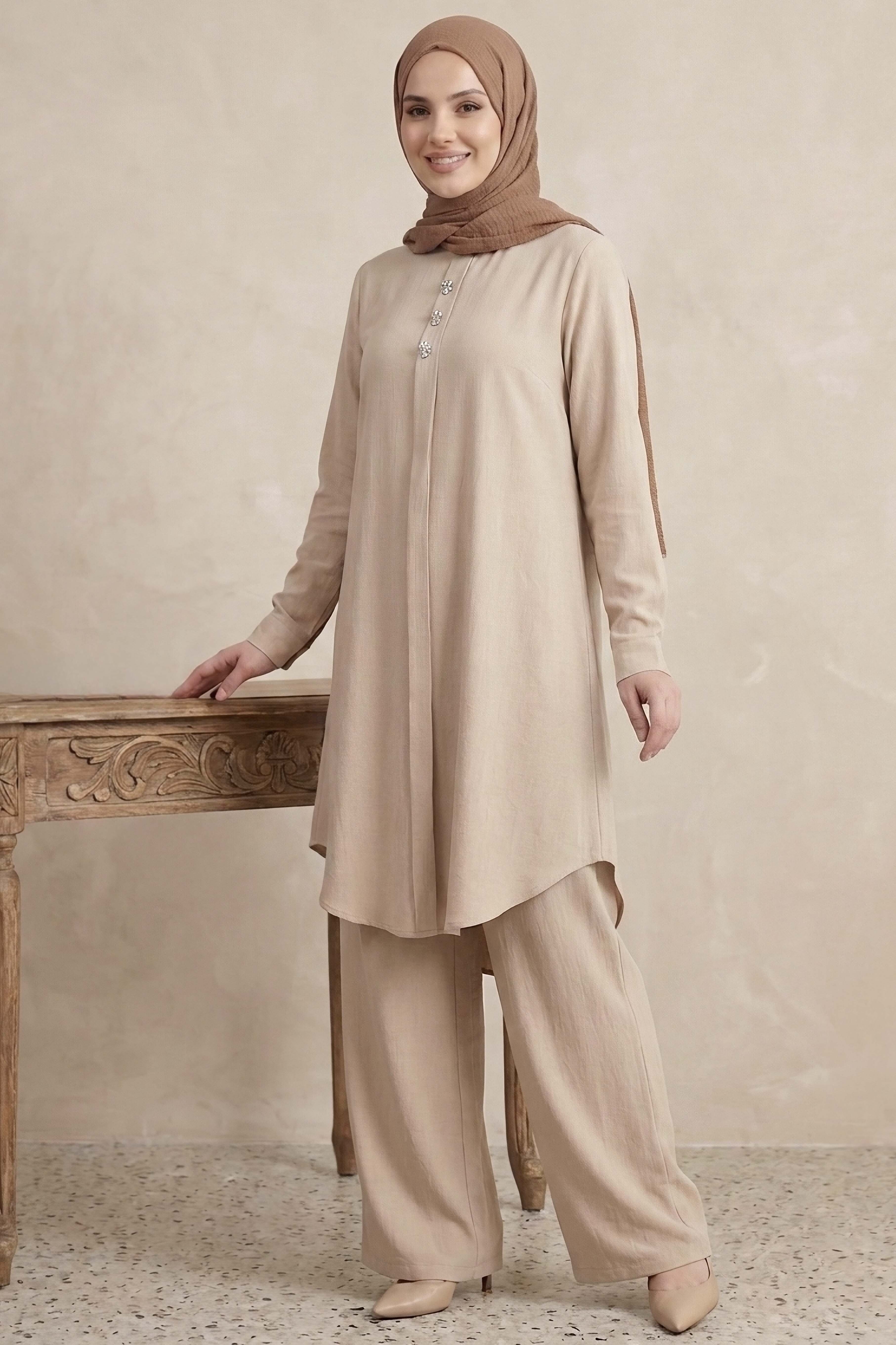 Riz Tunik Pantolon İkili Takım Bej - 2129-BEJ - 2